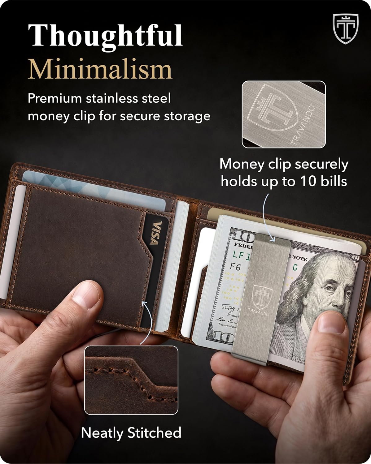 BILLETERA TRAVANDO MONEY CLIP DE CUERO CON PROTECCIÓN RFID PARA HOMBRE 11 TARJETAS MARRÓN VINTAGE - 3
