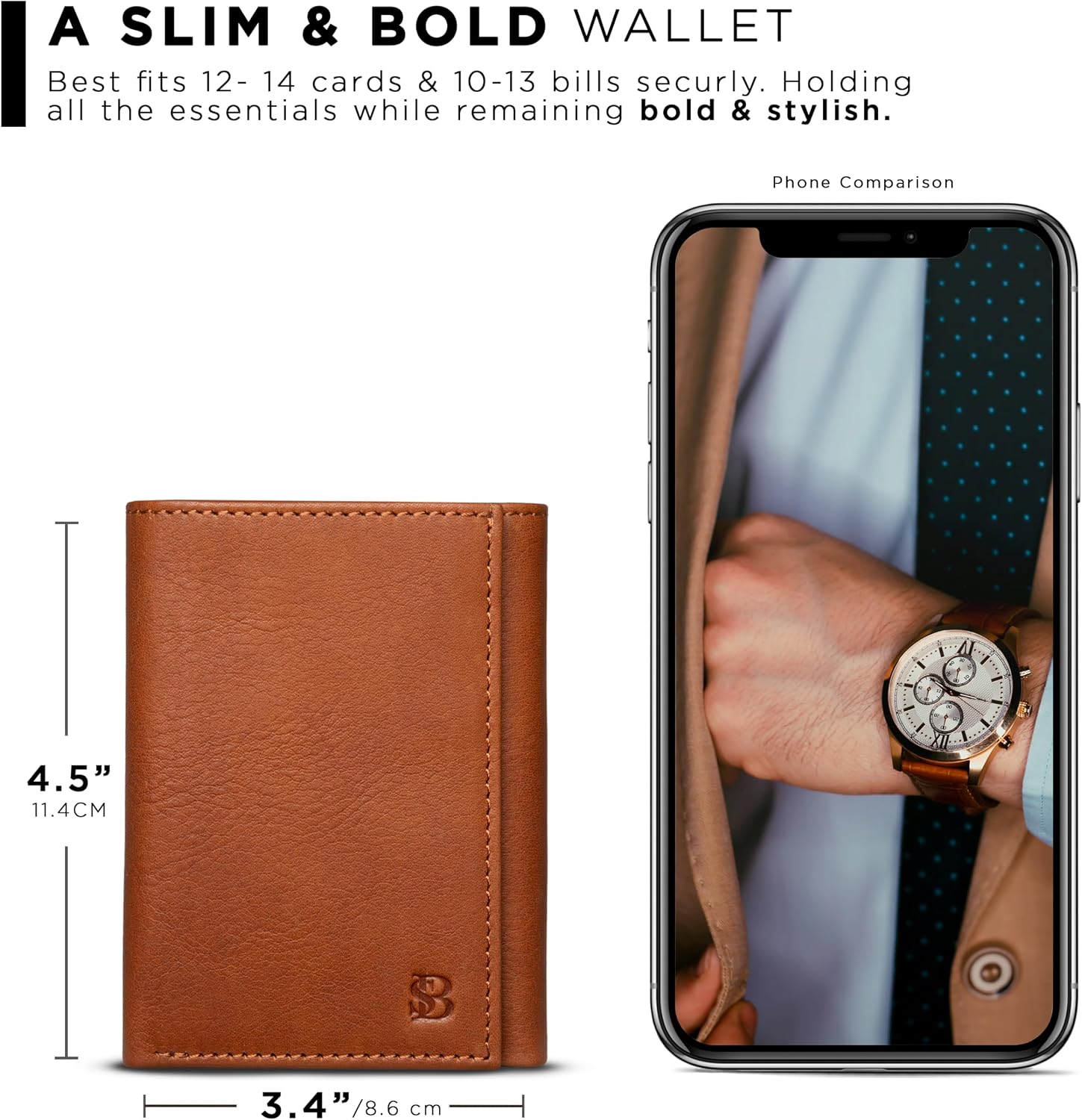 BILLETERA TRIFOLD PARA HOMBRE SERMAN BRANDS CUERO FULL GRAIN CON BLOQUEO RFID 11 RANURAS PARA TARJETAS Y VENTANA ID - 3