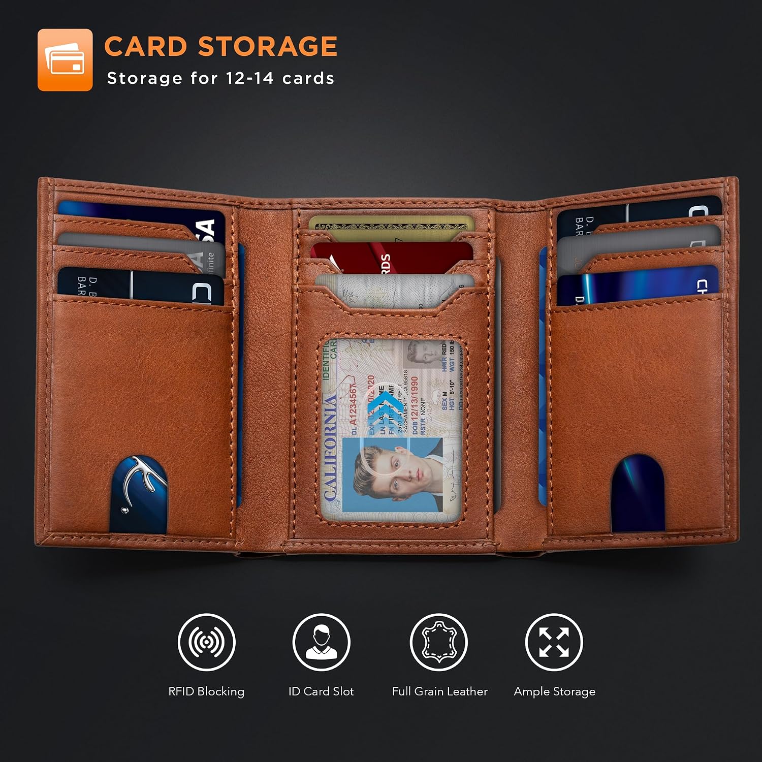 BILLETERA TRIFOLD PARA HOMBRE SERMAN BRANDS CUERO FULL GRAIN CON BLOQUEO RFID 11 RANURAS PARA TARJETAS Y VENTANA ID - 4