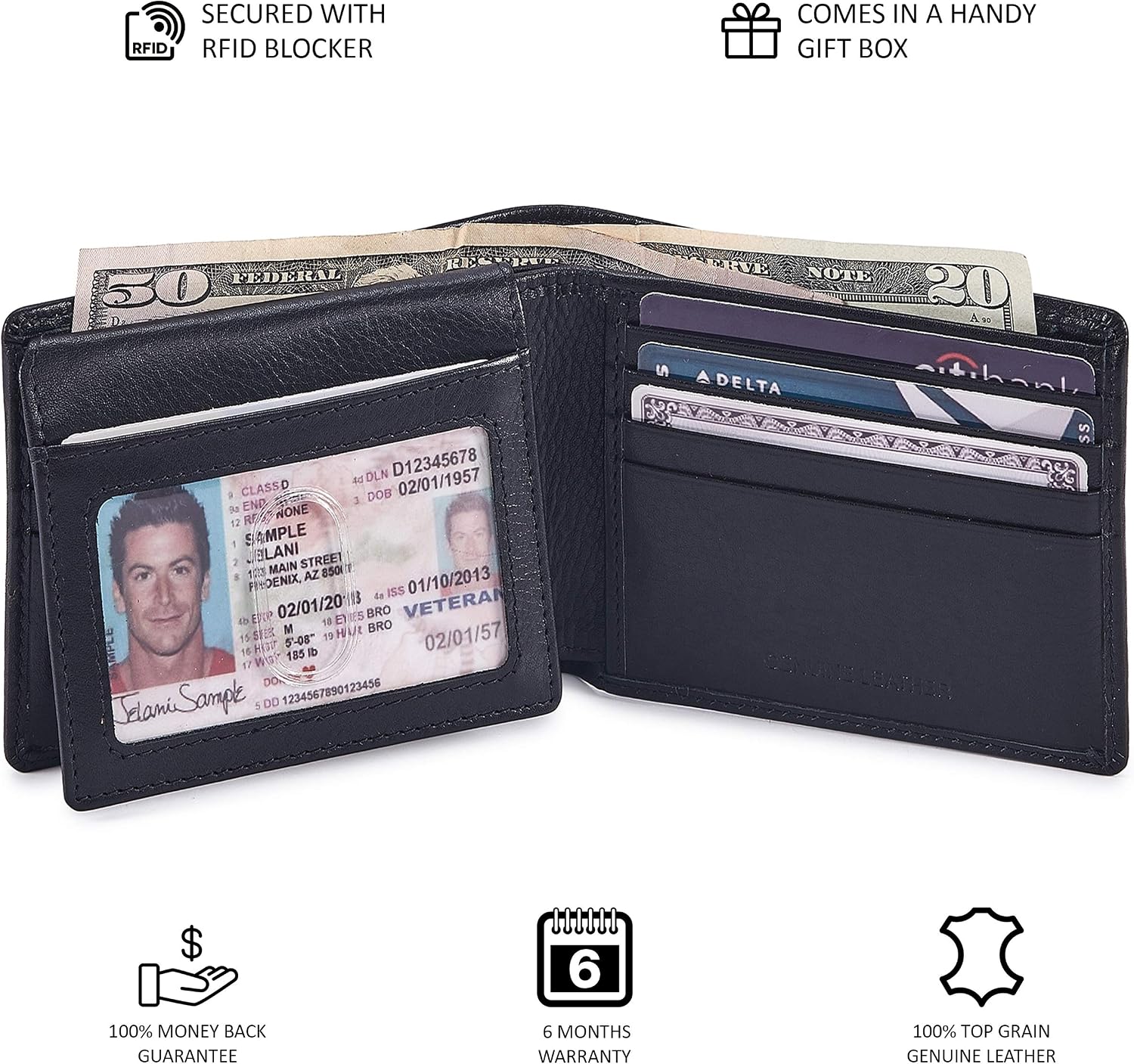 BILLETERA PARA HOMBRE COCHOA SLIM RFID BLOQUEO CUERO NAPA NEGRA - 5