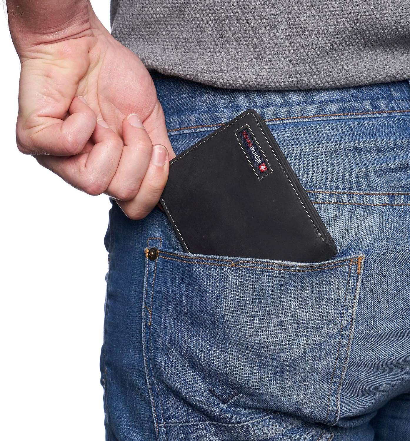 BILLETERA PARA HOMBRE ALPINE SWISS SPENCER BIFOLD CON PROTECCIÓN RFID CUERO NUBUCK NEGRO - 4
