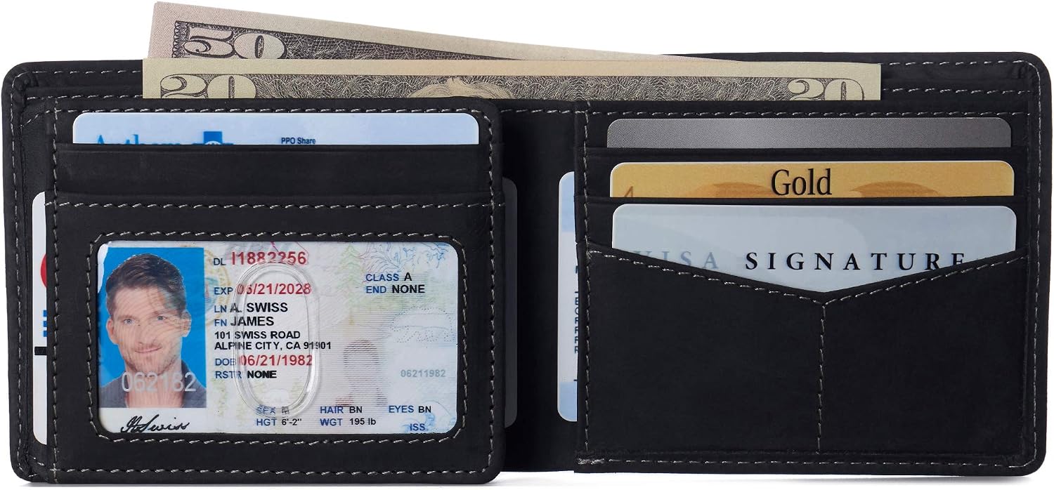 BILLETERA PARA HOMBRE ALPINE SWISS SPENCER BIFOLD CON PROTECCIÓN RFID CUERO NUBUCK NEGRO - 5