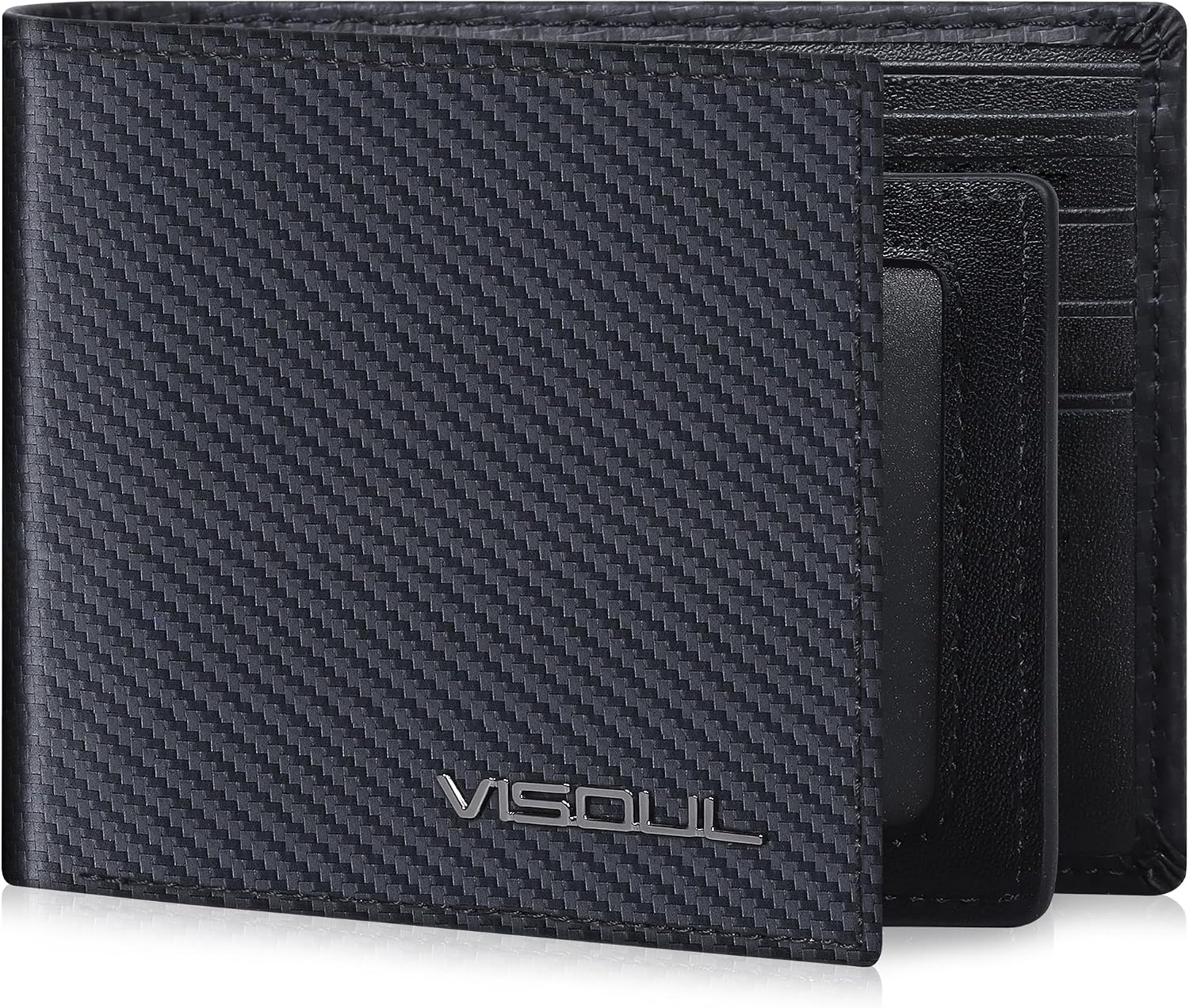 BILLETERA PARA HOMBRE VISOUL CARBON FIBER DE CUERO BIFOLD CON 2 VENTANAS PARA ID Y BLOQUEO RFID (NEGRO) - 1