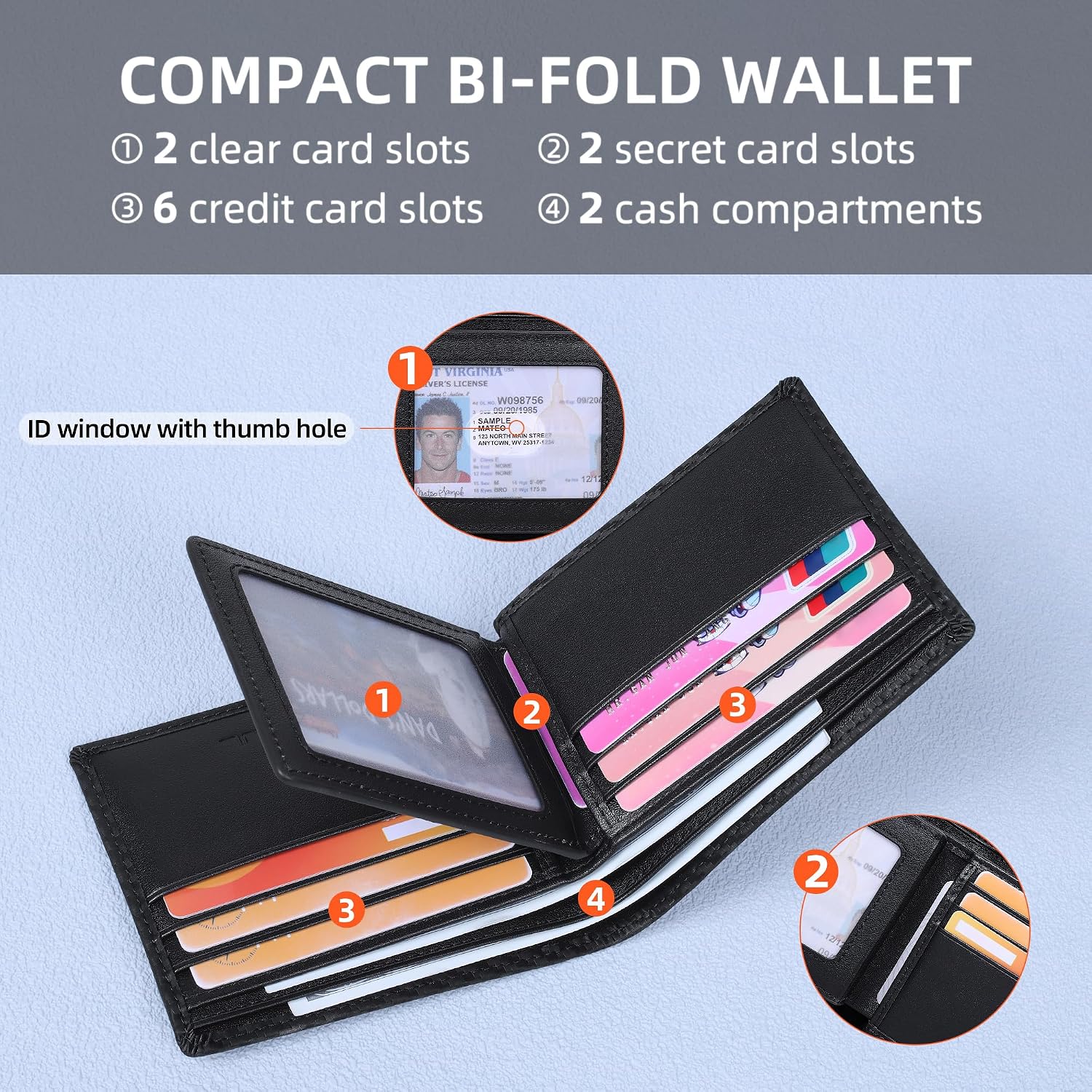 BILLETERA PARA HOMBRE VISOUL CARBON FIBER DE CUERO BIFOLD CON 2 VENTANAS PARA ID Y BLOQUEO RFID (NEGRO) - 2