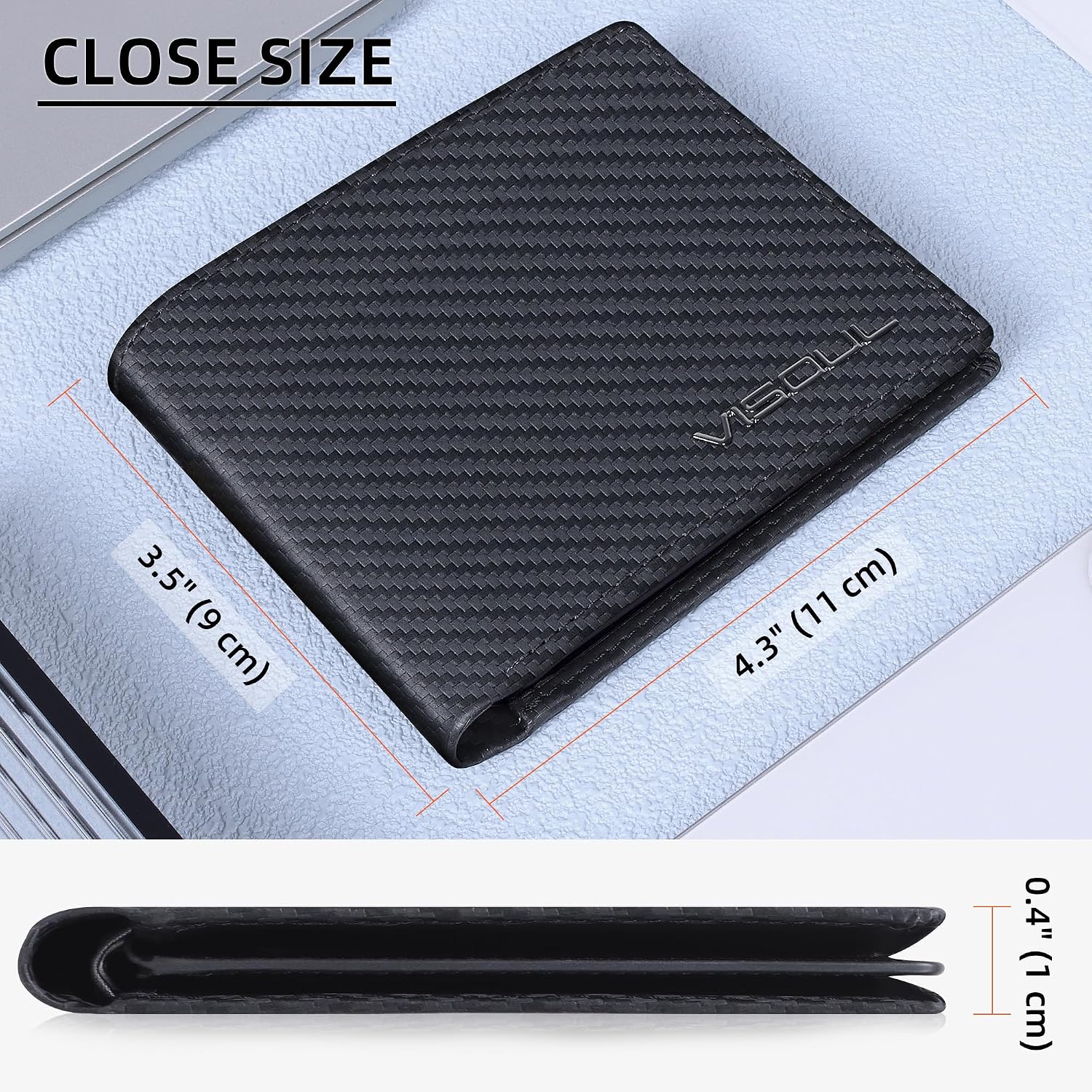 BILLETERA PARA HOMBRE VISOUL CARBON FIBER DE CUERO BIFOLD CON 2 VENTANAS PARA ID Y BLOQUEO RFID (NEGRO) - 3
