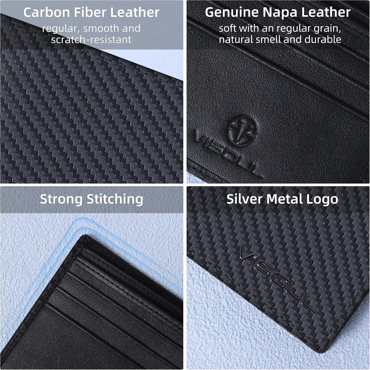 BILLETERA PARA HOMBRE VISOUL CARBON FIBER DE CUERO BIFOLD CON 2 VENTANAS PARA ID Y BLOQUEO RFID (NEGRO) - 4