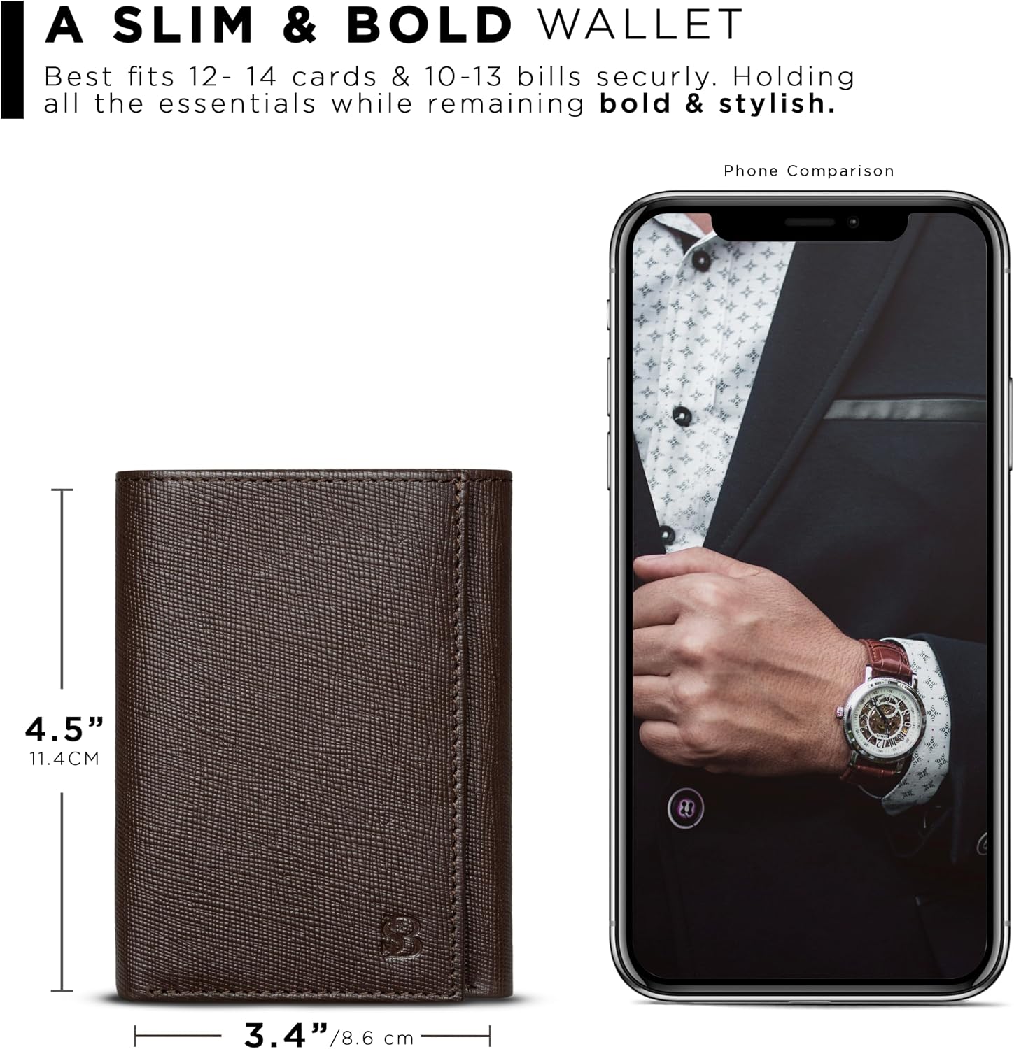 BILLETERA TRIFOLD PARA HOMBRE SERMAN BRANDS CUERO FULL GRAIN CON BLOQUEO RFID Y 11 RANURAS PARA TARJETAS - 3
