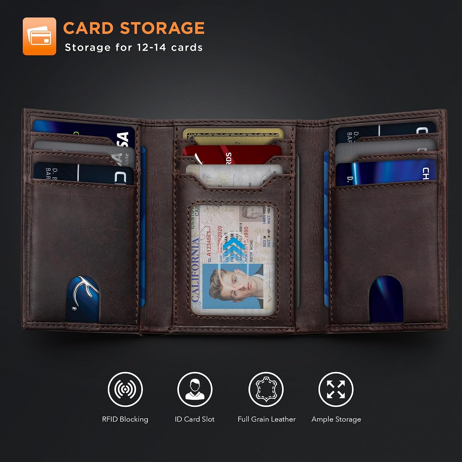 BILLETERA TRIFOLD PARA HOMBRE SERMAN BRANDS CUERO FULL GRAIN CON BLOQUEO RFID Y 11 RANURAS PARA TARJETAS - 4