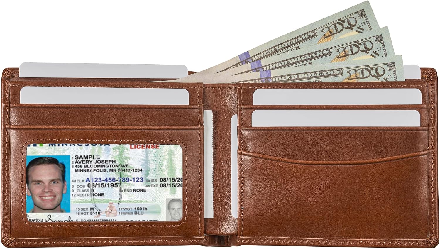 BILLETERA DE CUERO PARA HOMBRE CLAASICO BIFOLD CON BLOQUEO RFID Y VENTANA PARA ID - 2
