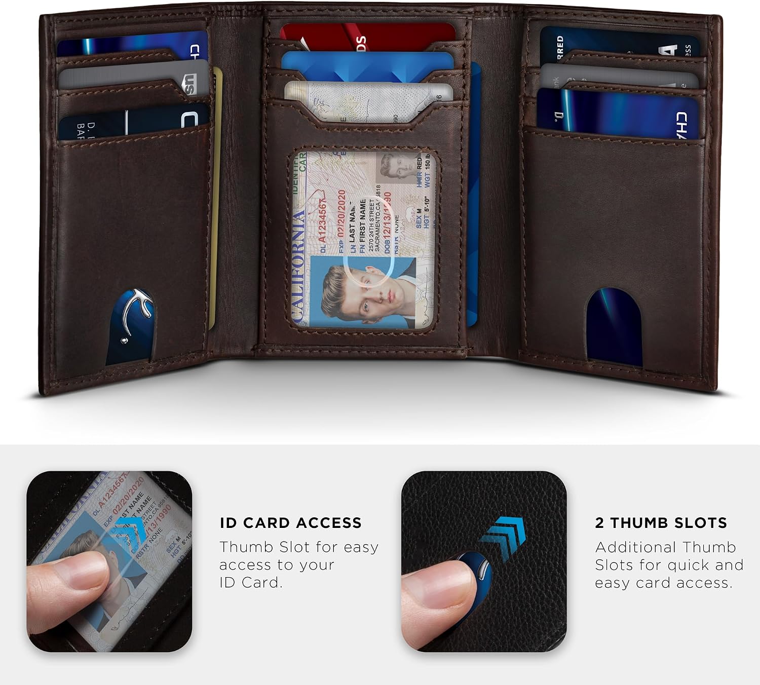 BILLETERA TRIFOLD PARA HOMBRE SERMAN BRANDS CUERO FULL GRAIN CON BLOQUEO RFID 11 RANURAS PARA TARJETAS Y VENTANA ID - 2