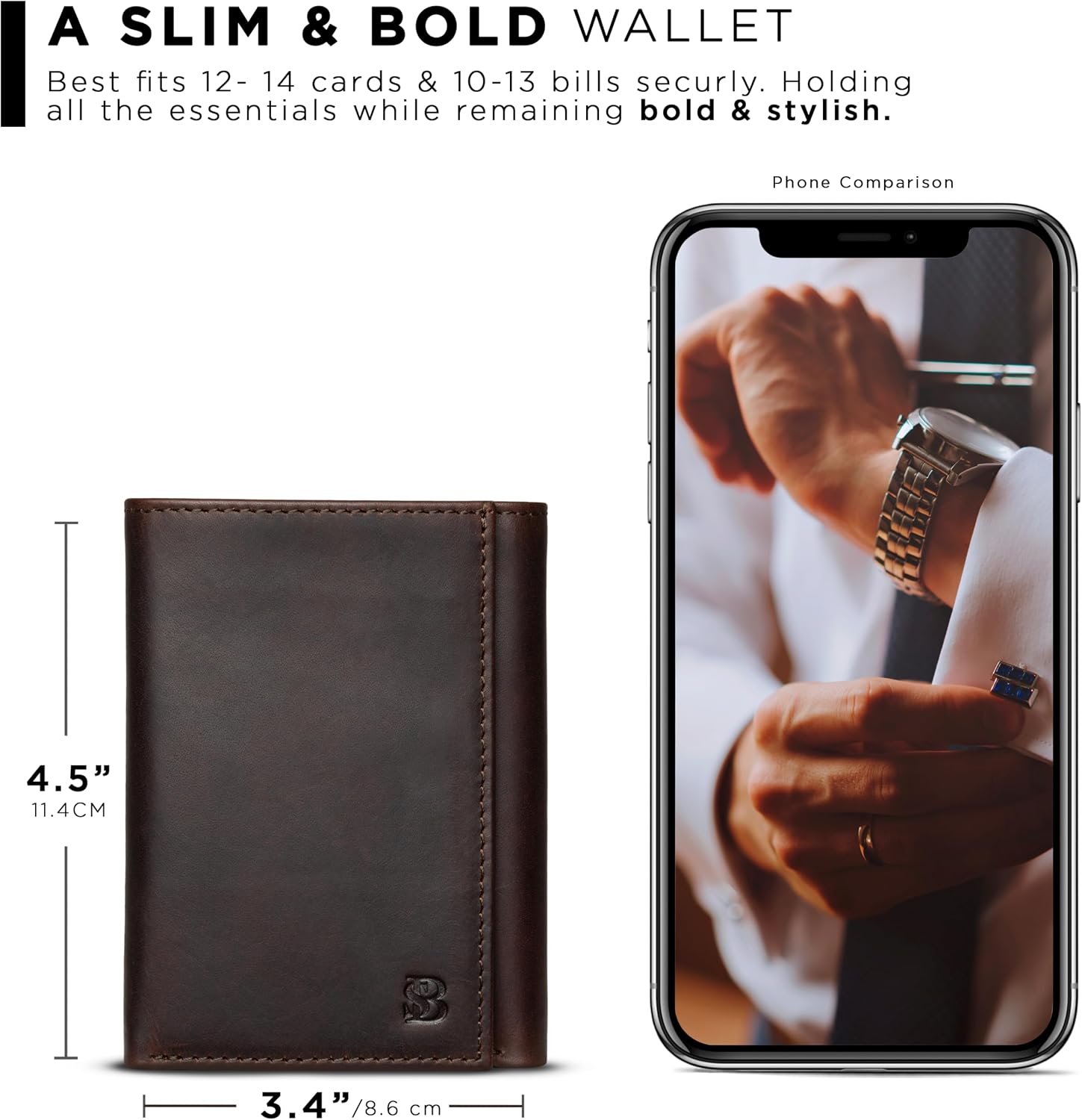 BILLETERA TRIFOLD PARA HOMBRE SERMAN BRANDS CUERO FULL GRAIN CON BLOQUEO RFID 11 RANURAS PARA TARJETAS Y VENTANA ID - 3