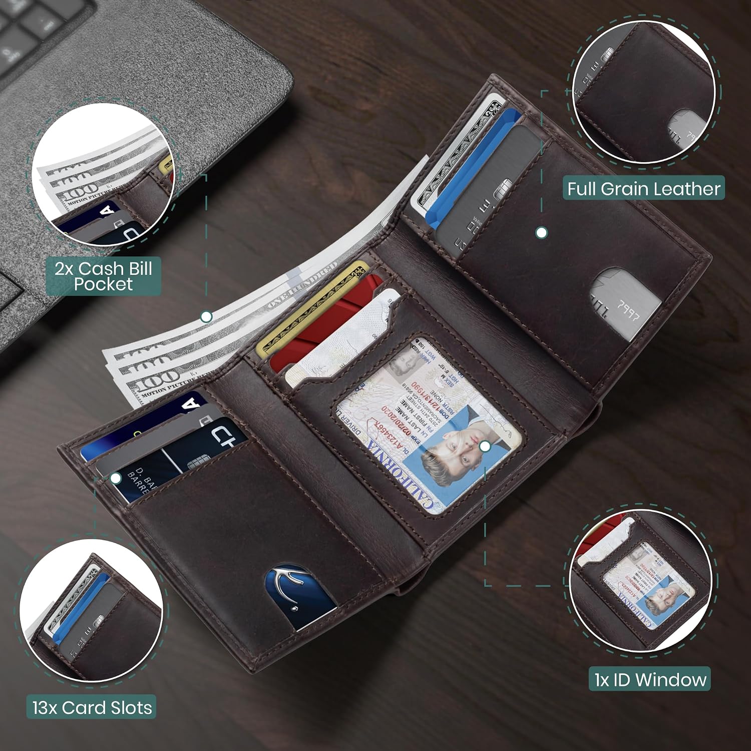 BILLETERA TRIFOLD PARA HOMBRE SERMAN BRANDS CUERO FULL GRAIN CON BLOQUEO RFID 11 RANURAS PARA TARJETAS Y VENTANA ID - 5