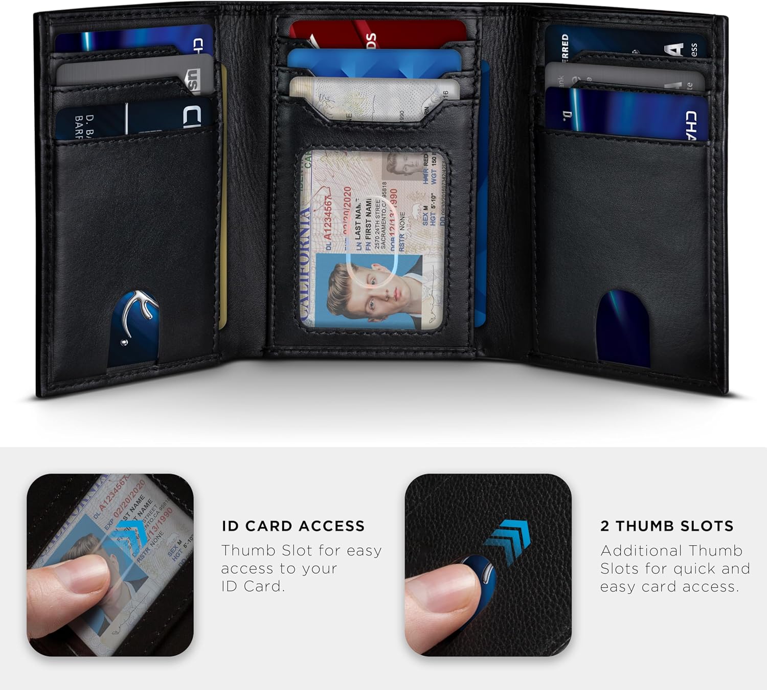BILLETERA TRIFOLD PARA HOMBRE SERMAN BRANDS CUERO GENUINO CON BLOQUEO RFID 11 RANURAS PARA TARJETAS Y VENTANA PARA ID - 2