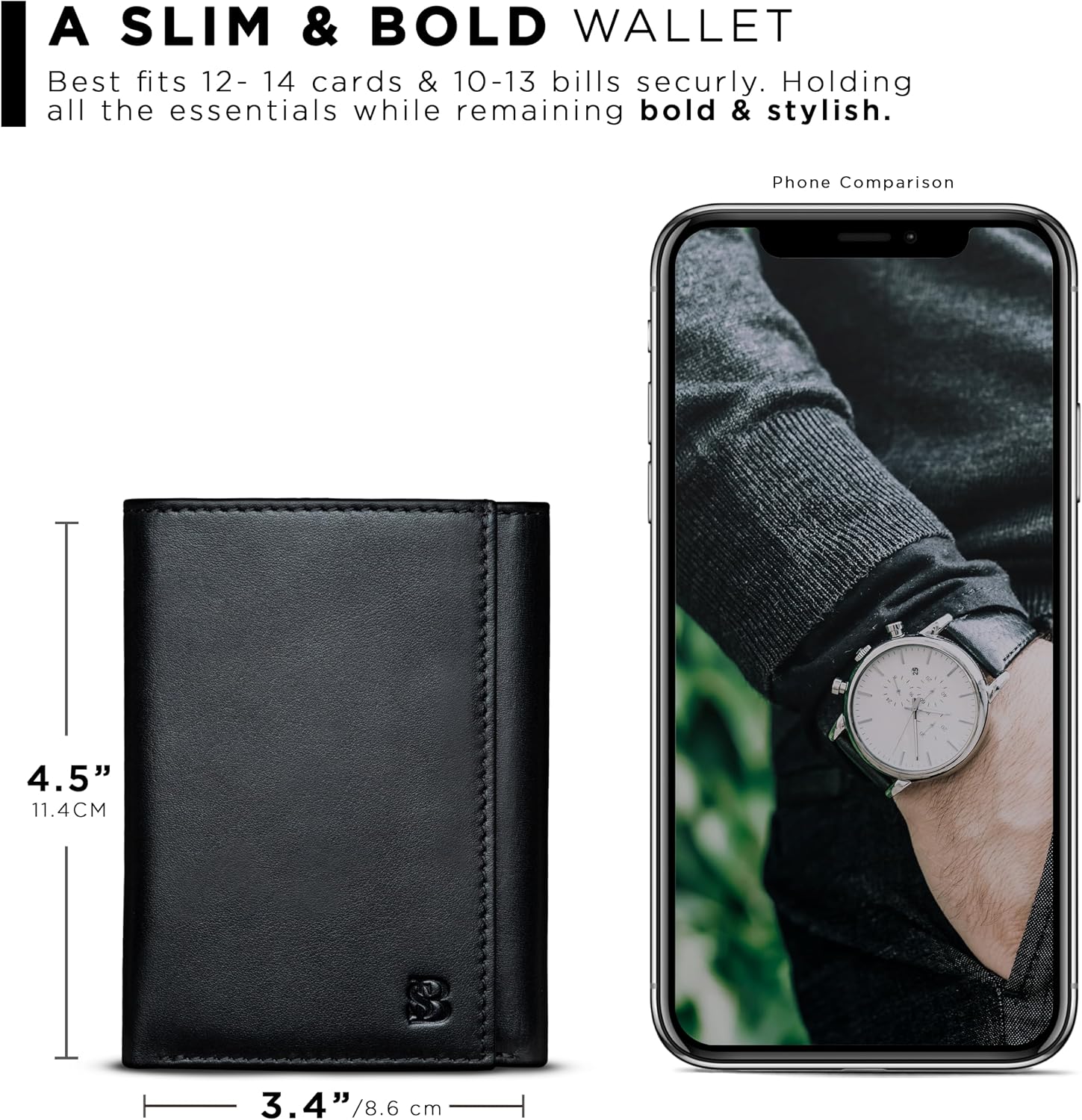 BILLETERA TRIFOLD PARA HOMBRE SERMAN BRANDS CUERO GENUINO CON BLOQUEO RFID 11 RANURAS PARA TARJETAS Y VENTANA PARA ID - 3