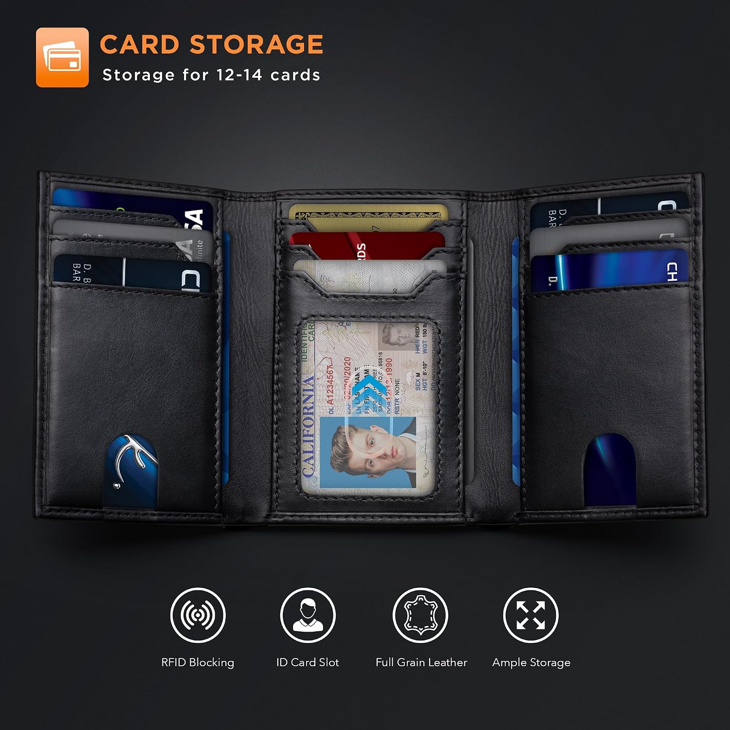 BILLETERA TRIFOLD PARA HOMBRE SERMAN BRANDS CUERO GENUINO CON BLOQUEO RFID 11 RANURAS PARA TARJETAS Y VENTANA PARA ID - 4