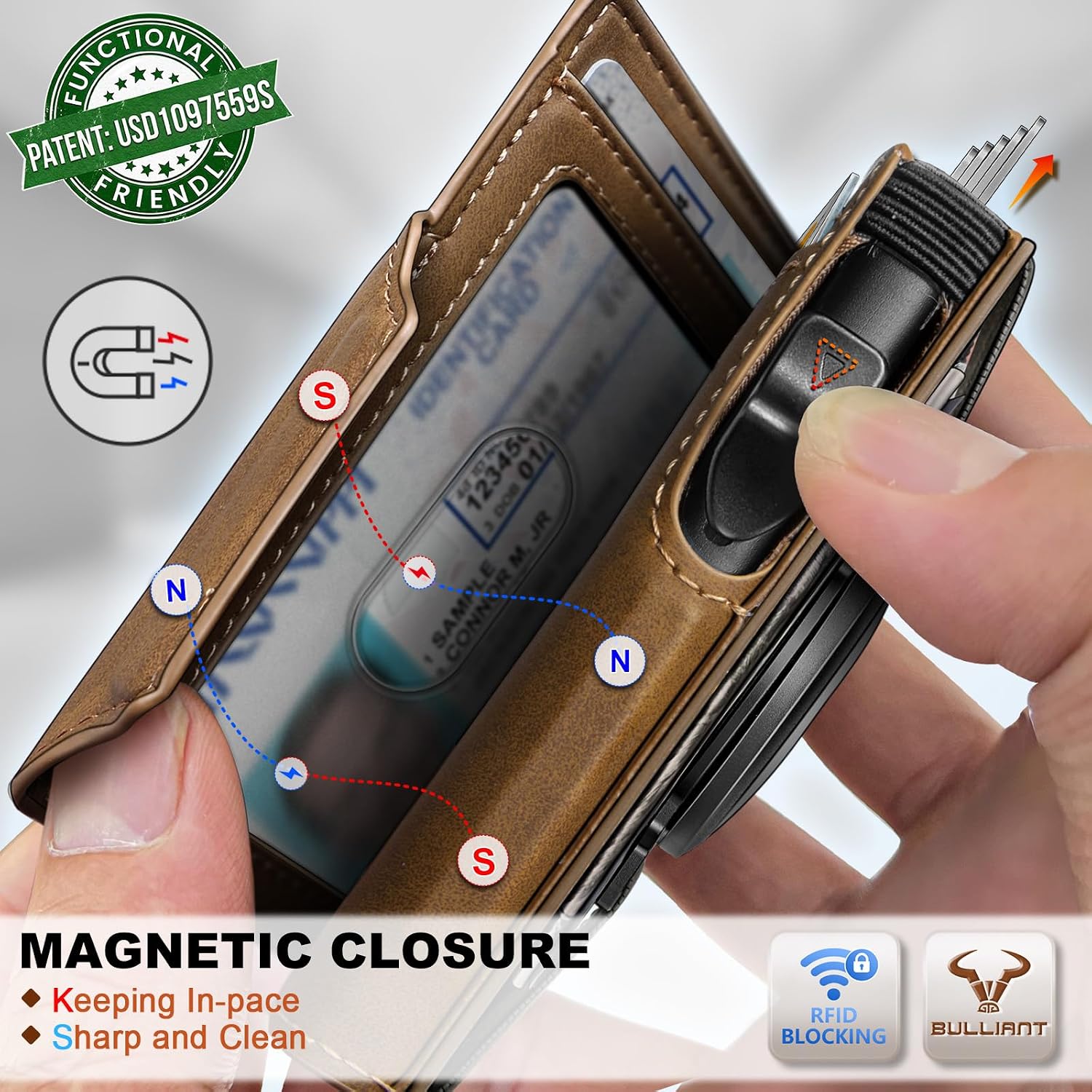 BILLETERA PARA HOMBRE BULLIANT SLIM DE CUERO CON CLIP METÁLICO Y CIERRE MAGNÉTICO - 4
