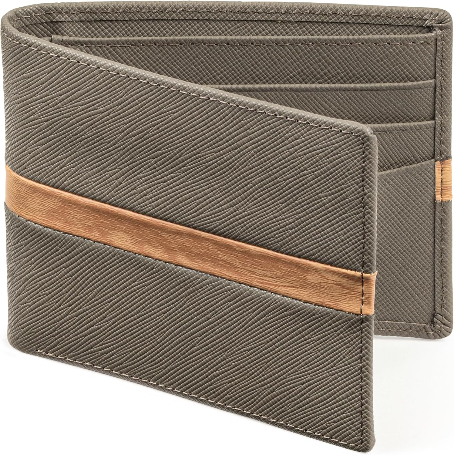 BILLETERA DE CUERO PARA HOMBRE CLAASICO BIFOLD CON BLOQUEO RFID Y DETALLE EN MADERA NATURAL - 1