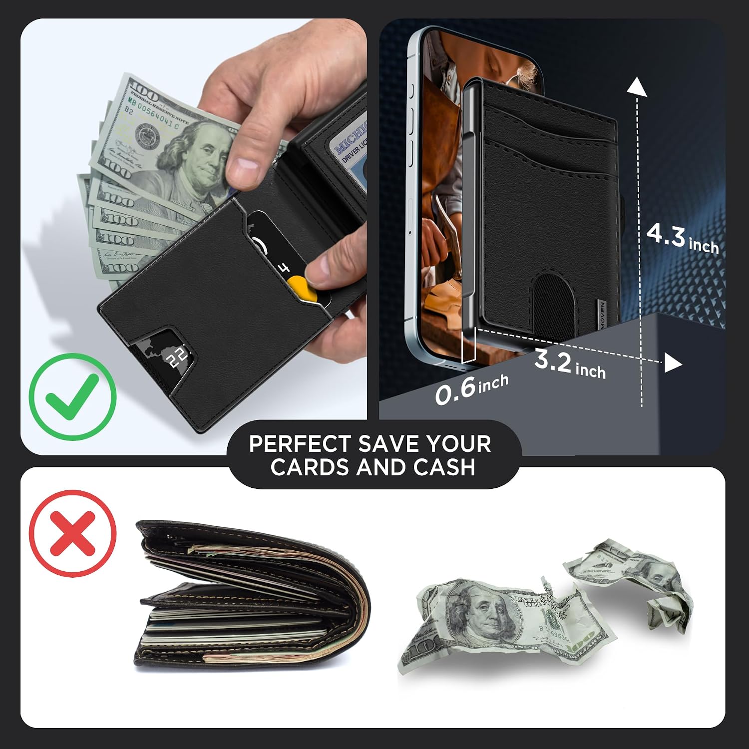 BILLETERA PARA HOMBRE UMOVEN MINIMALISTA DE CUERO CON BLOQUEO RFID Y COMPARTIMIENTO PARA BILLETES - 5
