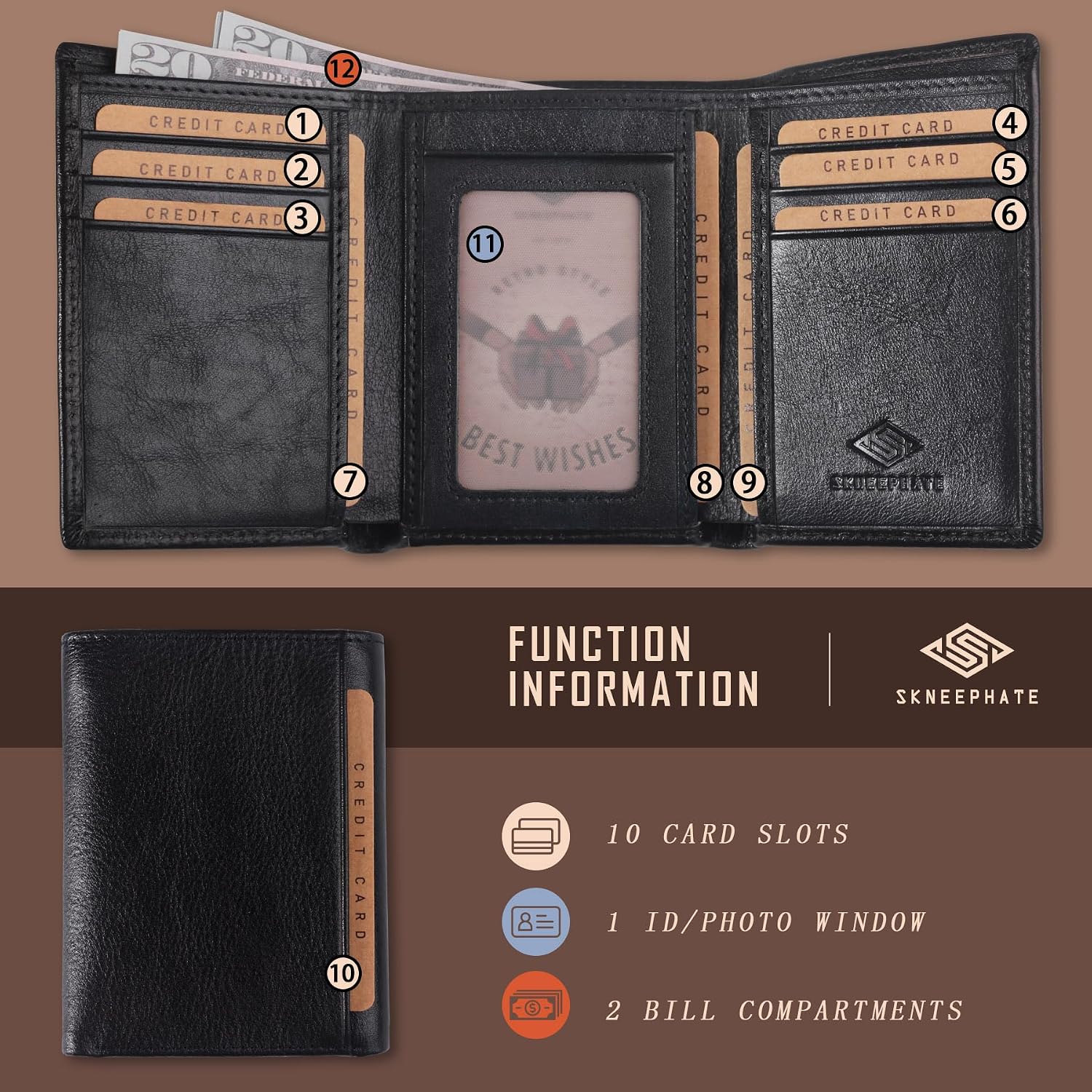 BILLETERA TRIFOLD PARA HOMBRE SKNEEPHATE CUERO CON BLOQUEO RFID NEGRA - 3