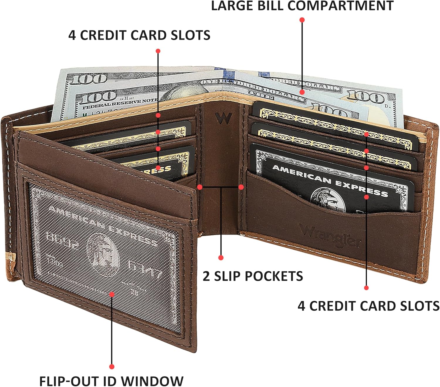 BILLETERA BIFOLD PARA HOMBRE WRANGLER CON VENTANA PARA ID, CUERO GENUINO Y BLOQUEO RFID - 3