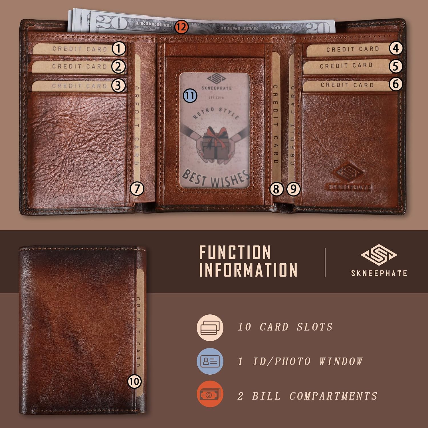 BILLETERA TRIFOLD PARA HOMBRE SKNEEPHATE CUERO CON BLOQUEO RFID MARRÓN - 3