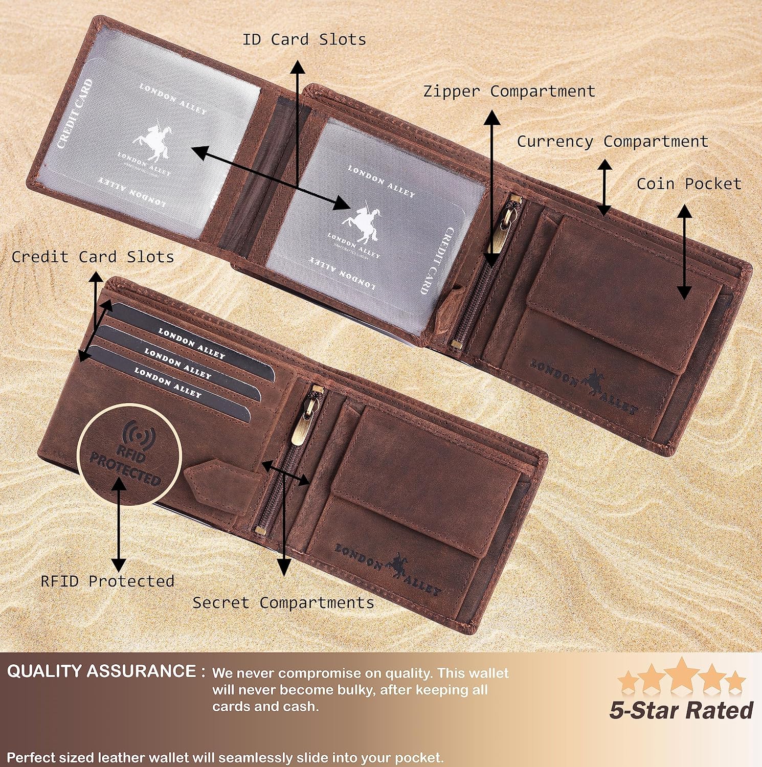 BILLETERA LONDON ALLEY ELK VINTAGE MARRÓN PARA HOMBRE, 6 RANURAS PARA TARJETAS, BLOQUEO RFID - 3