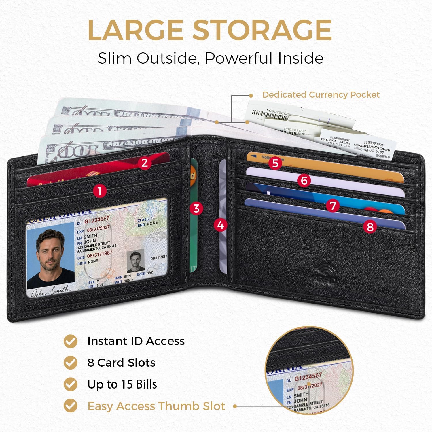 BILLETERA PARA HOMBRE RUNBOX SLIM BIFOLD DE CUERO CON BLOQUEO RFID - 4