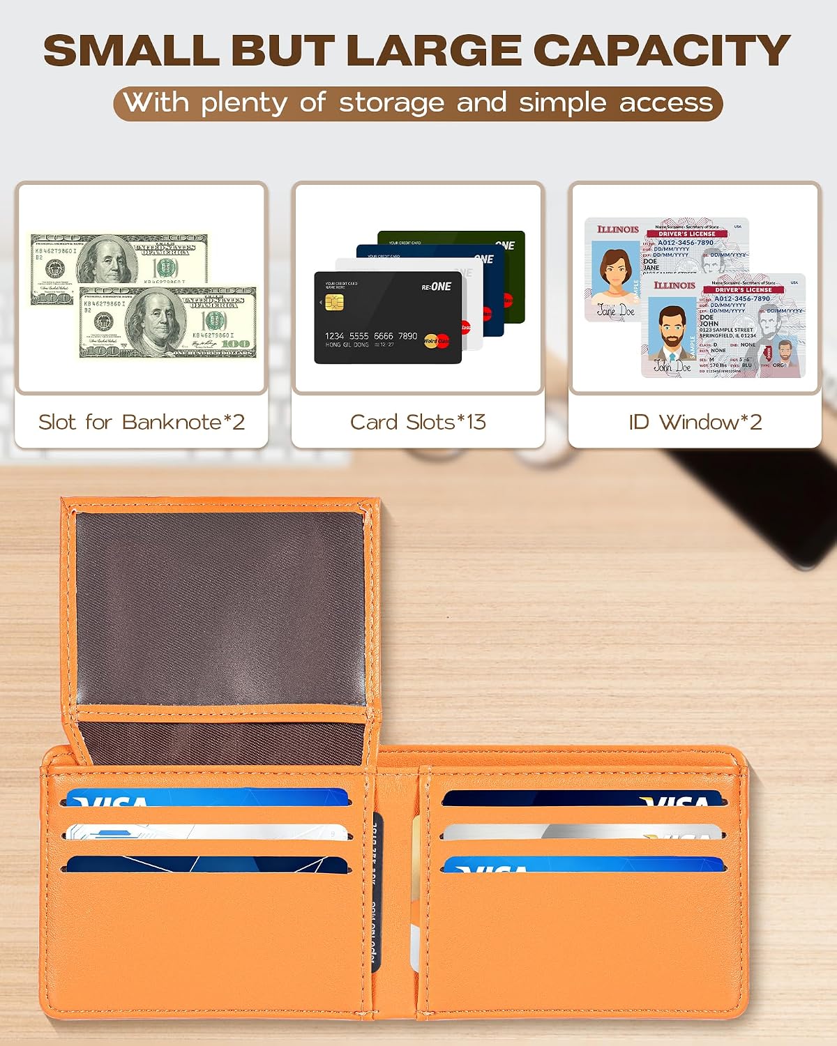BILLETERA PARA HOMBRE GNDR BIFOLD NARANJA CON BLOQUEO RFID Y DISEÑO SLIM - 2