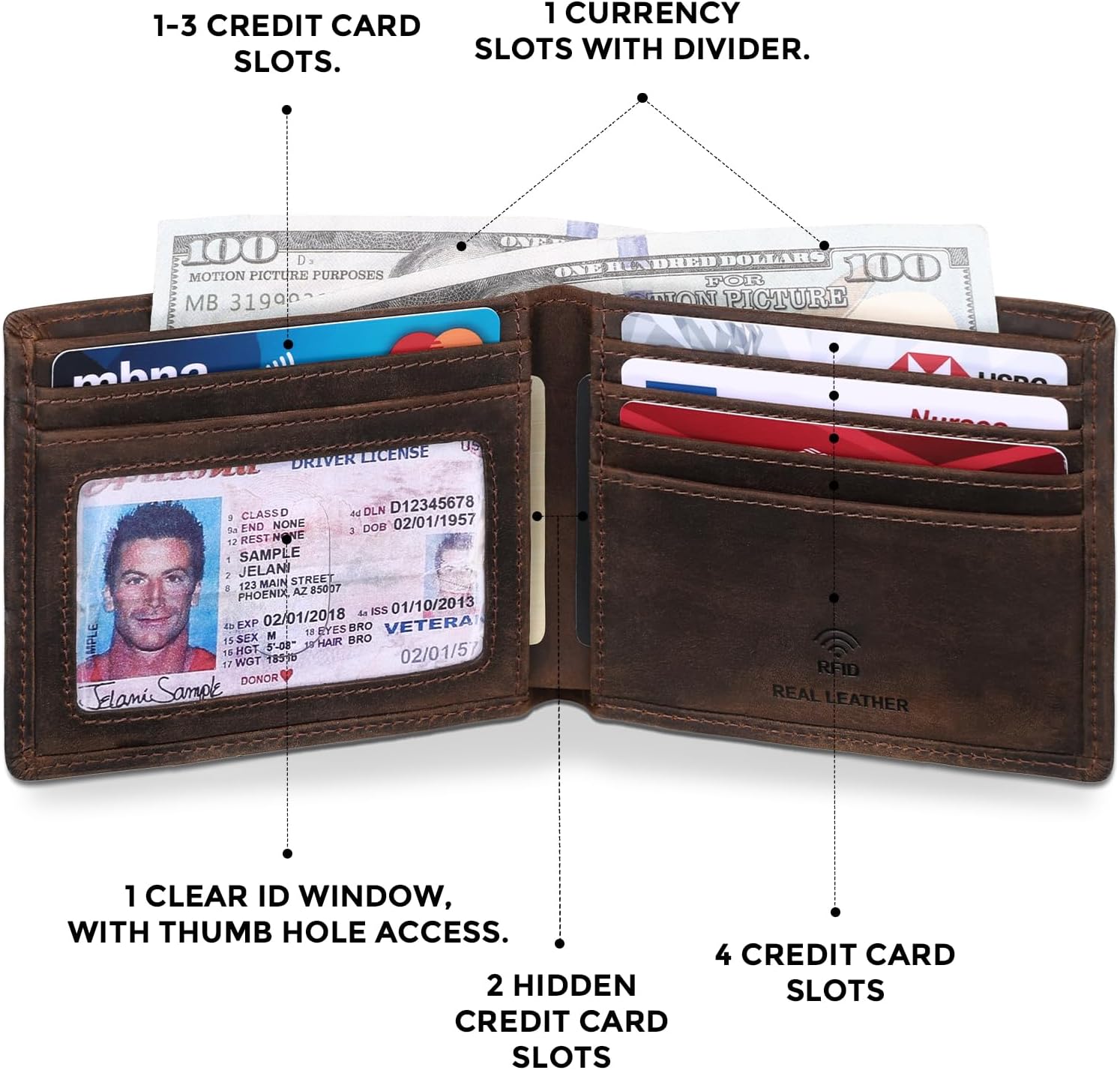 BILLETERA PARA HOMBRE RUNBOX SLIM BIFOLD DE CUERO GENUINO CON BLOQUEO RFID - 3