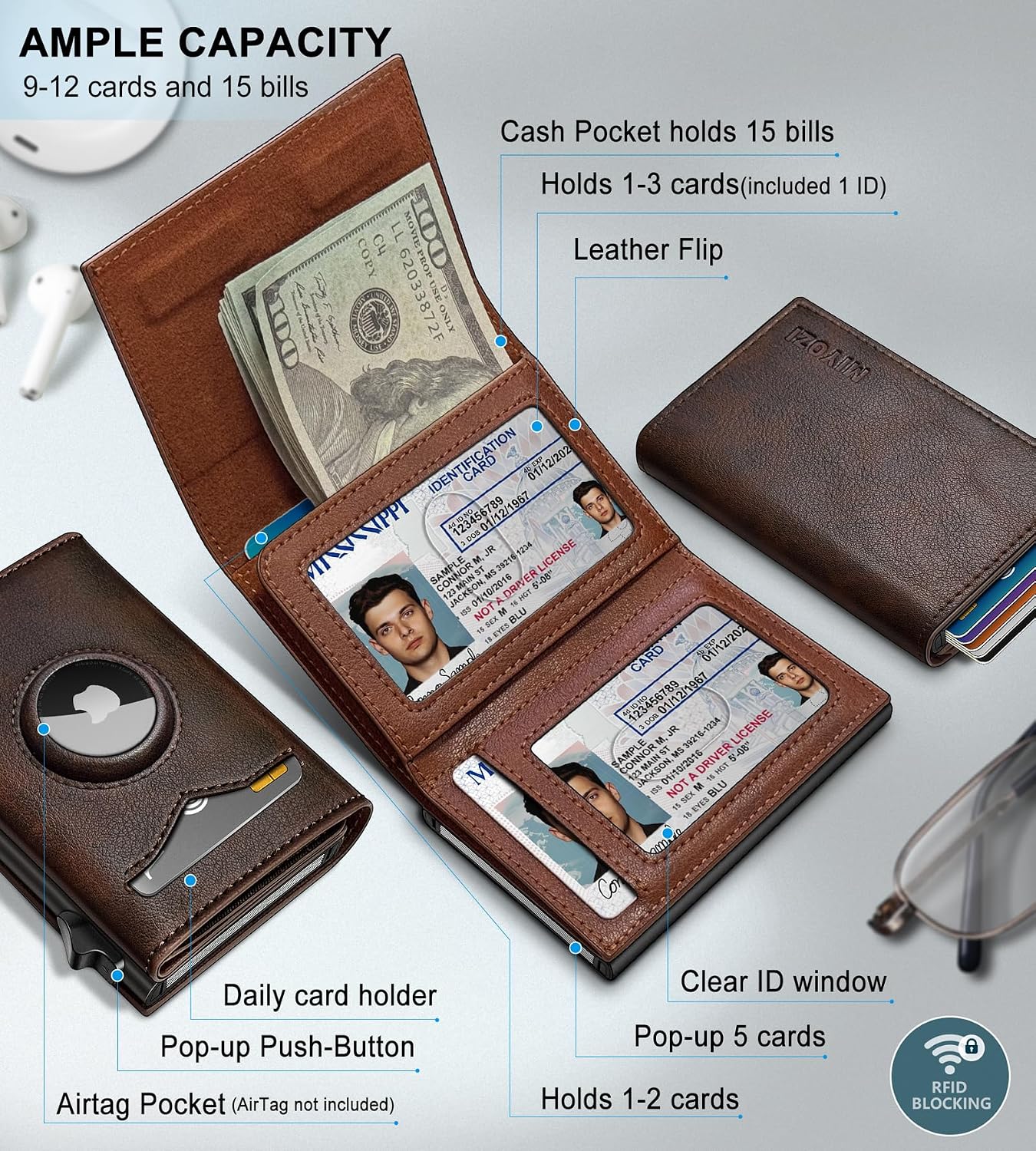BILLETERA PARA HOMBRE MIYOZI CON RANURA PARA AIRTAG Y BLOQUEO RFID - 2