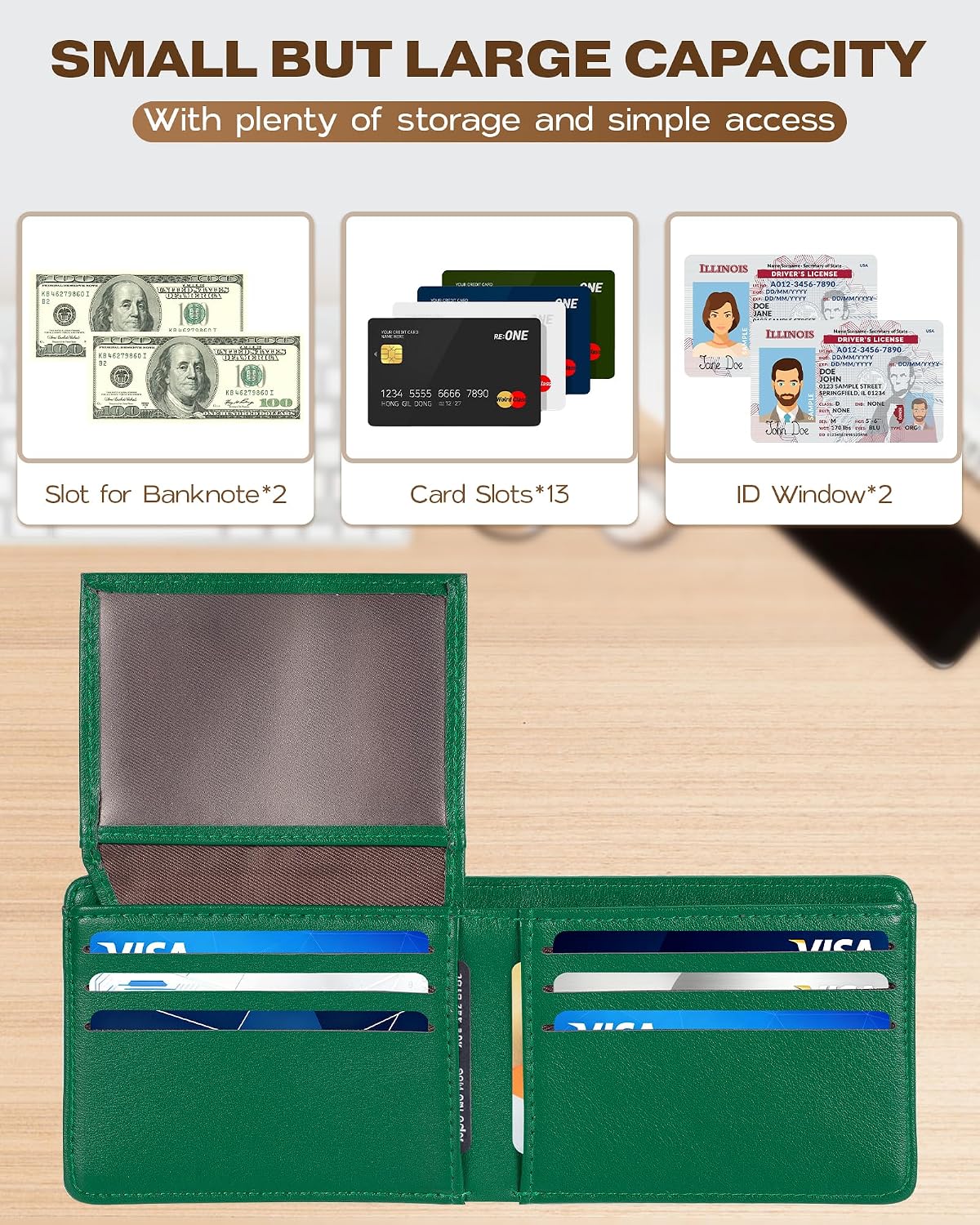 BILLETERA PARA HOMBRE GNDR BIFOLD VERDE ACEITUNA CON BLOQUEO RFID Y DISEÑO SLIM - 2