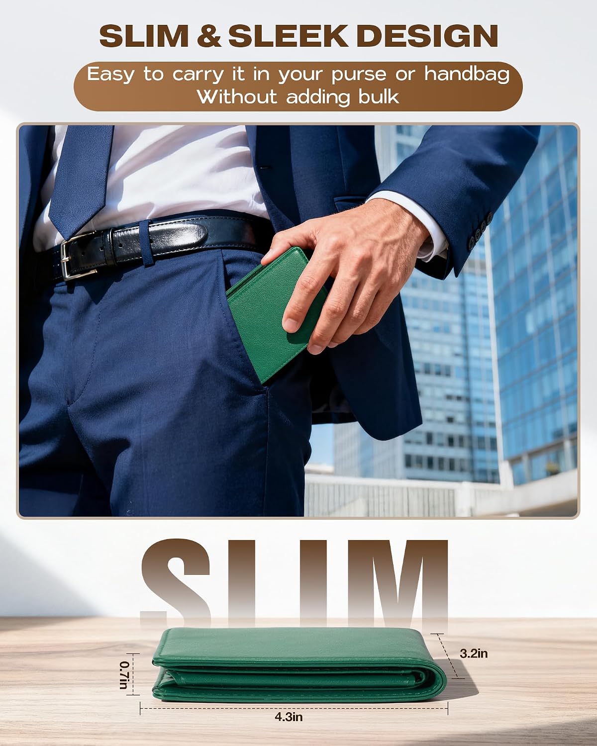 BILLETERA PARA HOMBRE GNDR BIFOLD VERDE ACEITUNA CON BLOQUEO RFID Y DISEÑO SLIM - 3