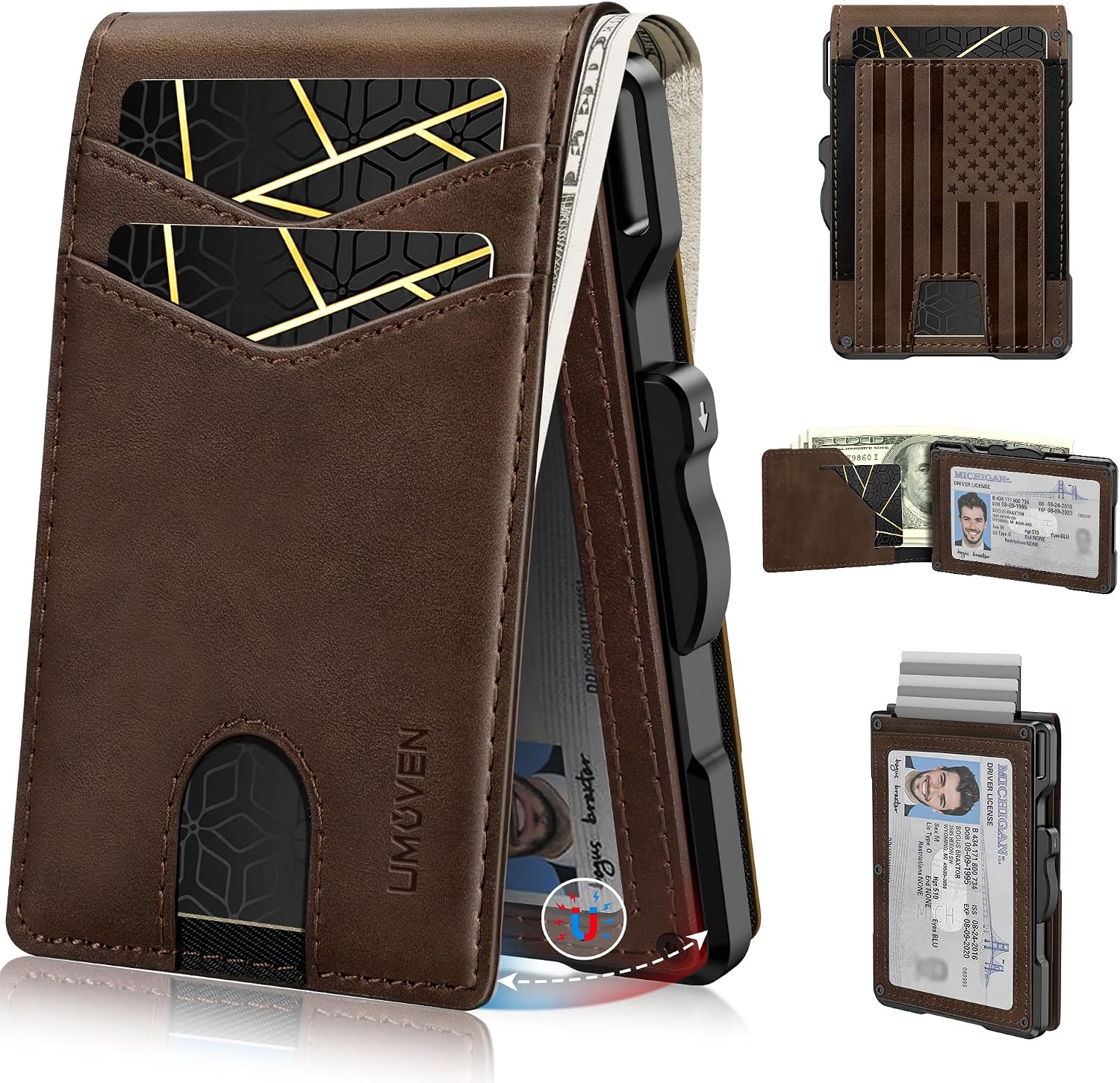 BILLETERA PARA HOMBRE UMOVEN MINIMALISTA BLOQUEO RFID CUERO SLIM CAFÉ - 1