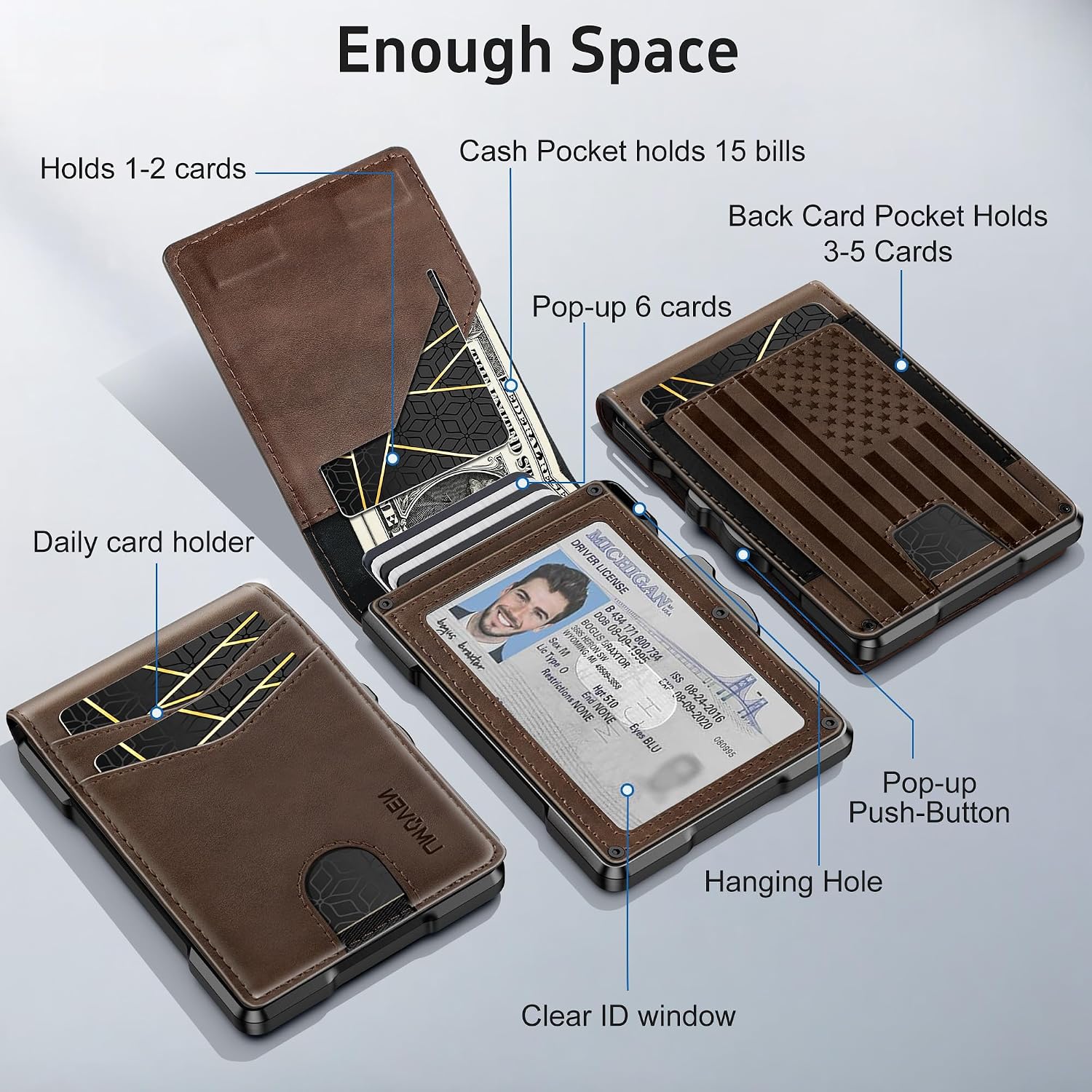 BILLETERA PARA HOMBRE UMOVEN MINIMALISTA BLOQUEO RFID CUERO SLIM CAFÉ - 2
