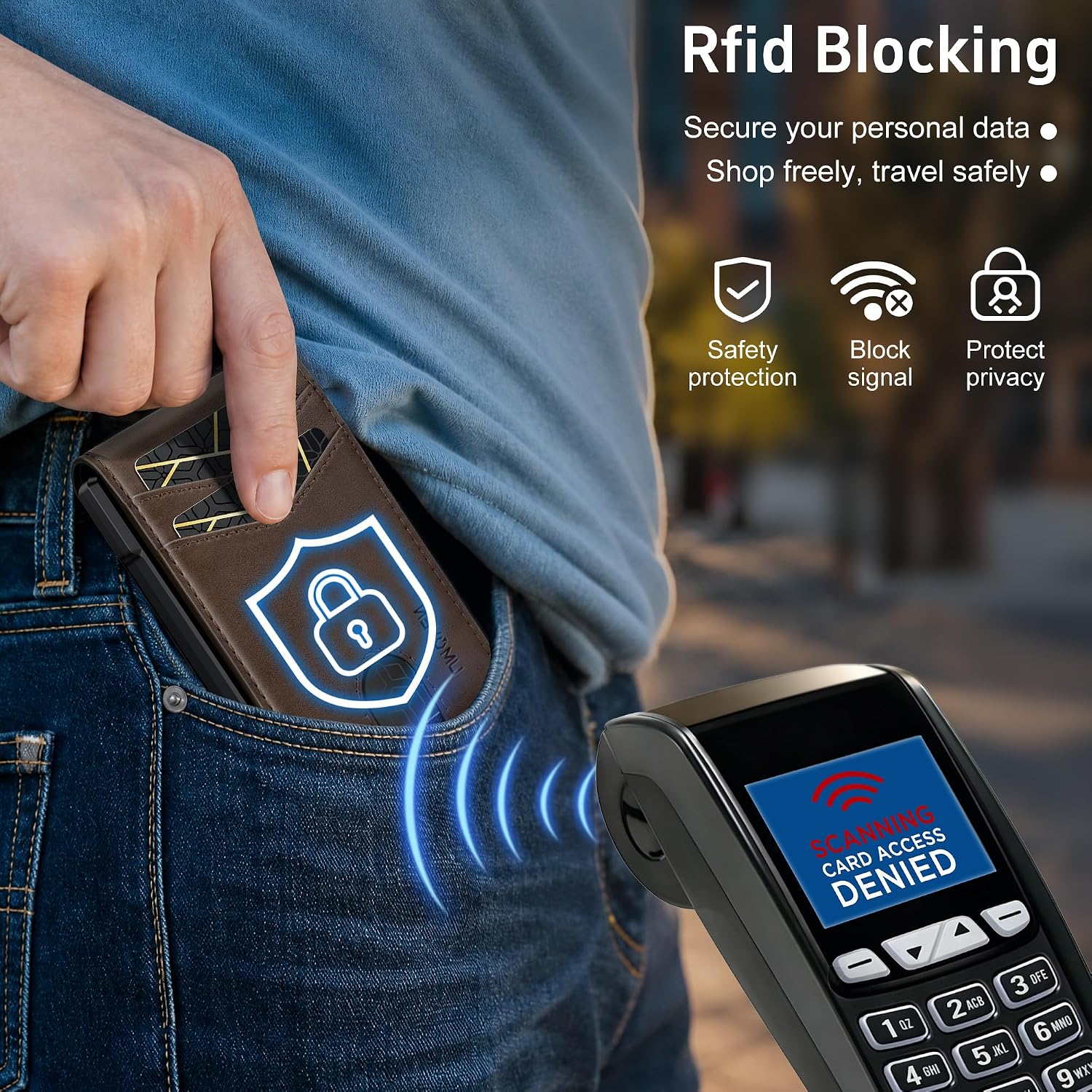 BILLETERA PARA HOMBRE UMOVEN MINIMALISTA BLOQUEO RFID CUERO SLIM CAFÉ - 5