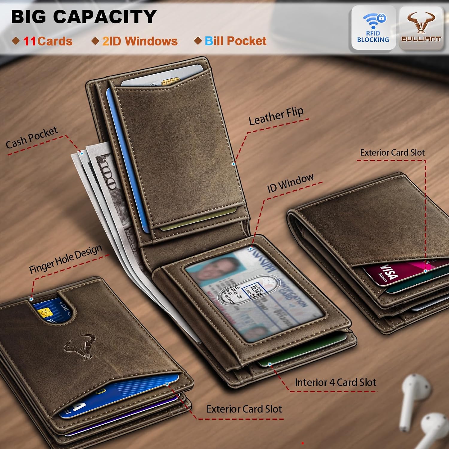 BILLETERA PARA HOMBRE BULLIANT SLIM DE CUERO PARA 11 TARJETAS - 2