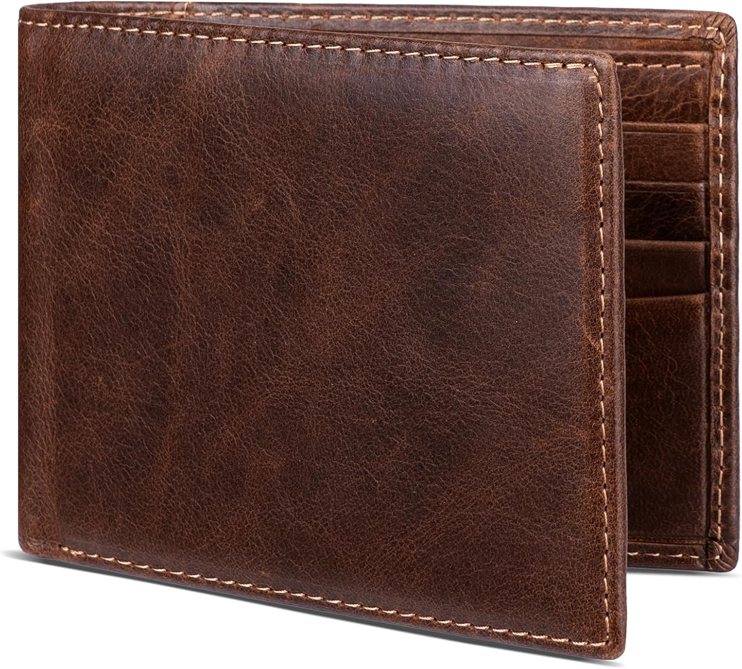 BILLETERA DE CUERO GENUINO PARA HOMBRE SEROVI BIFOLD CON BLOQUEO RFID 12 RANURAS PARA TARJETAS CAFÉ - 1