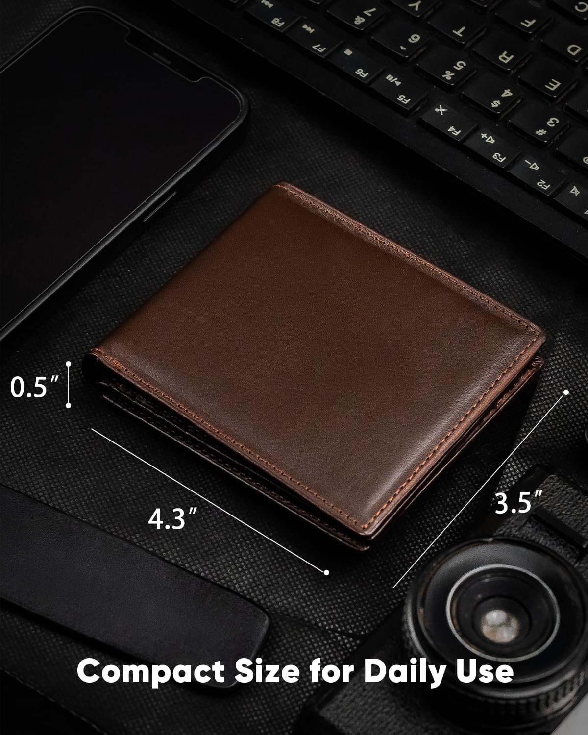 BILLETERA DE CUERO GENUINO PARA HOMBRE SEROVI BIFOLD CON BLOQUEO RFID 12 RANURAS PARA TARJETAS CAFÉ - 2