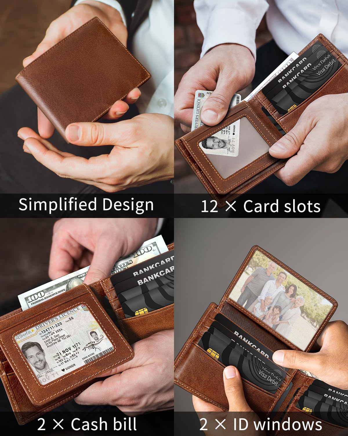 BILLETERA DE CUERO GENUINO PARA HOMBRE SEROVI BIFOLD CON BLOQUEO RFID 12 RANURAS PARA TARJETAS CAFÉ - 3