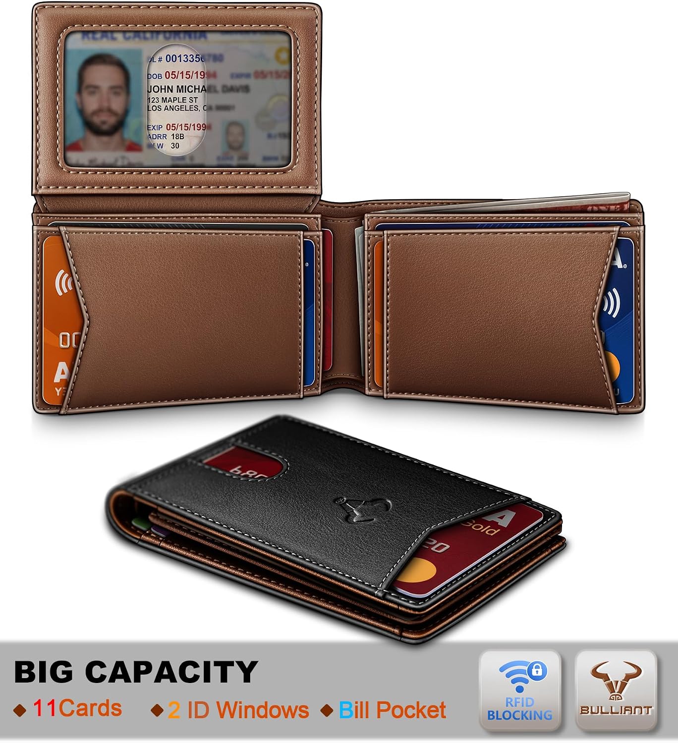 BILLETERA PARA HOMBRE BULLIANT SLIM DE CUERO PARA 11 TARJETAS - 2