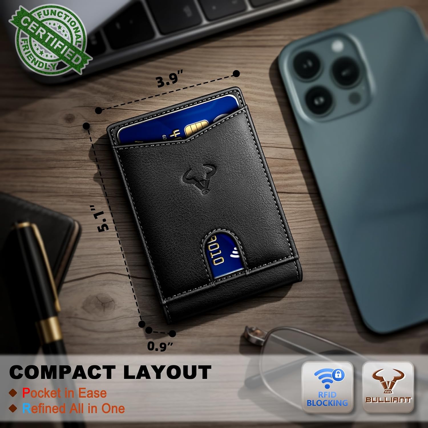 BILLETERA PARA HOMBRE BULLIANT SLIM DE CUERO PARA 11 TARJETAS - 4