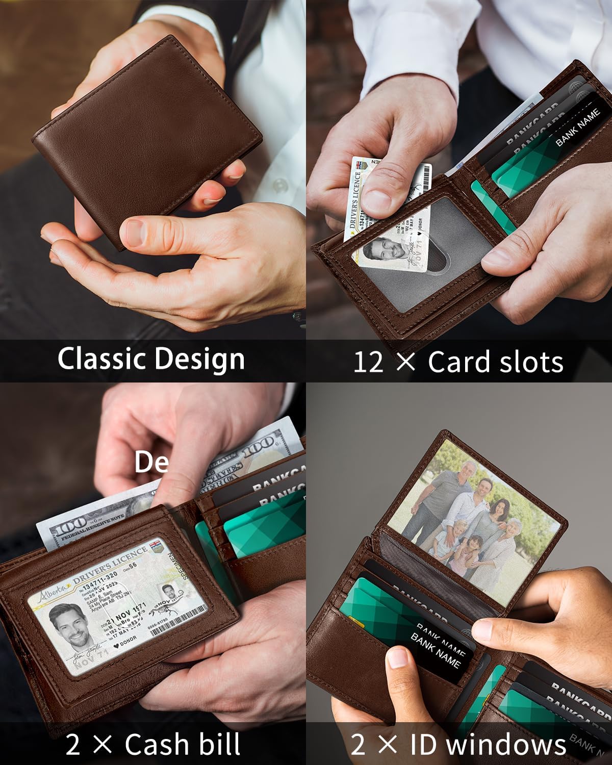 BILLETERA DE CUERO PARA HOMBRE SEROVI BIFOLD CON BLOQUEO RFID Y 12 RANURAS PARA TARJETAS MARRÓN - 2