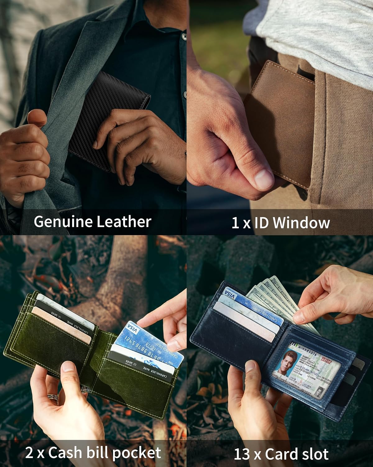 BILLETERA PARA HOMBRE ARTPAXY BIFOLD DE CUERO GENUINO CON BLOQUEO RFID Y 13 RANURAS PARA TARJETAS - 3