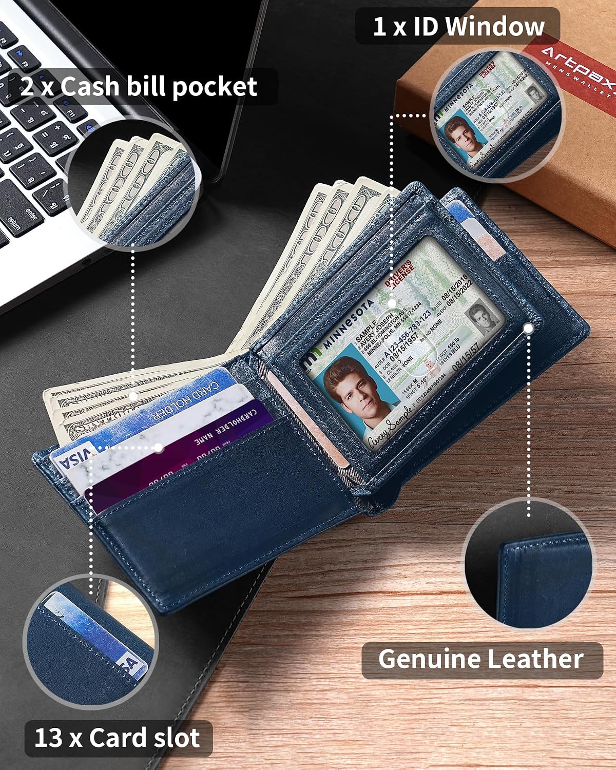 BILLETERA PARA HOMBRE ARTPAXY BIFOLD DE CUERO GENUINO CON BLOQUEO RFID Y 13 RANURAS PARA TARJETAS - 5