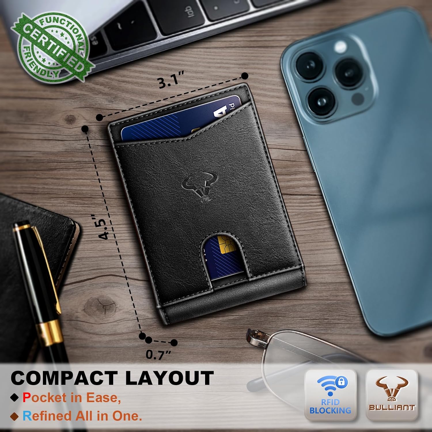 BILLETERA PARA HOMBRE BULLIANT SLIM DE CUERO CON CLIP PARA DINERO Y CIERRE MAGNÉTICO - 3