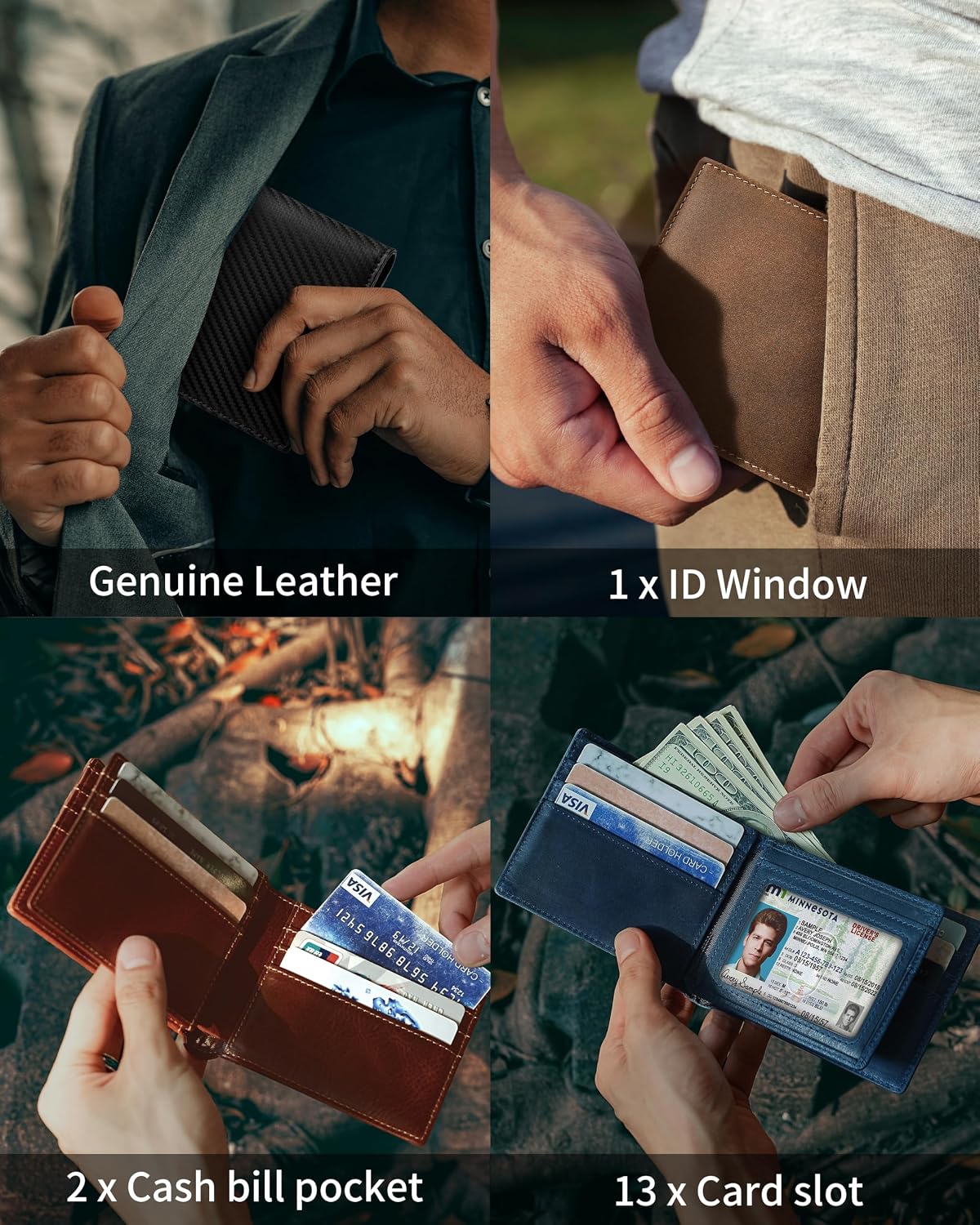 BILLETERA PARA HOMBRE ARTPAXY BIFOLD DE CUERO GENUINO CON BLOQUEO RFID 13 TARJETEROS 1 VENTANA ID 2 COMPARTIMENTOS PARA BILLETES - 3
