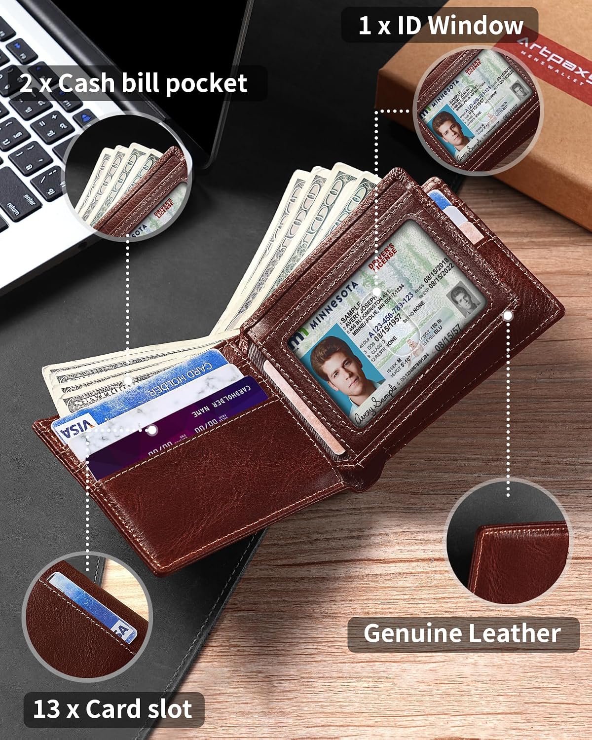 BILLETERA PARA HOMBRE ARTPAXY BIFOLD DE CUERO GENUINO CON BLOQUEO RFID 13 TARJETEROS 1 VENTANA ID 2 COMPARTIMENTOS PARA BILLETES - 5