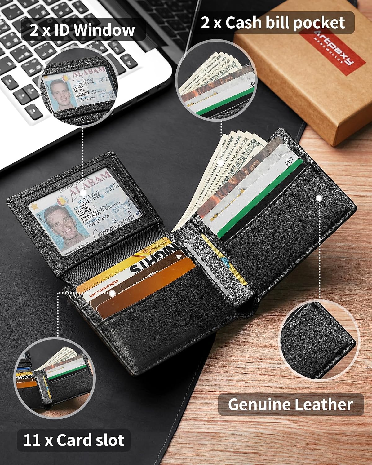 BILLETERA PARA HOMBRE ARTPAXY DE CUERO GENUINO CON BLOQUEO RFID Y 11 RANURAS PARA TARJETAS - 5