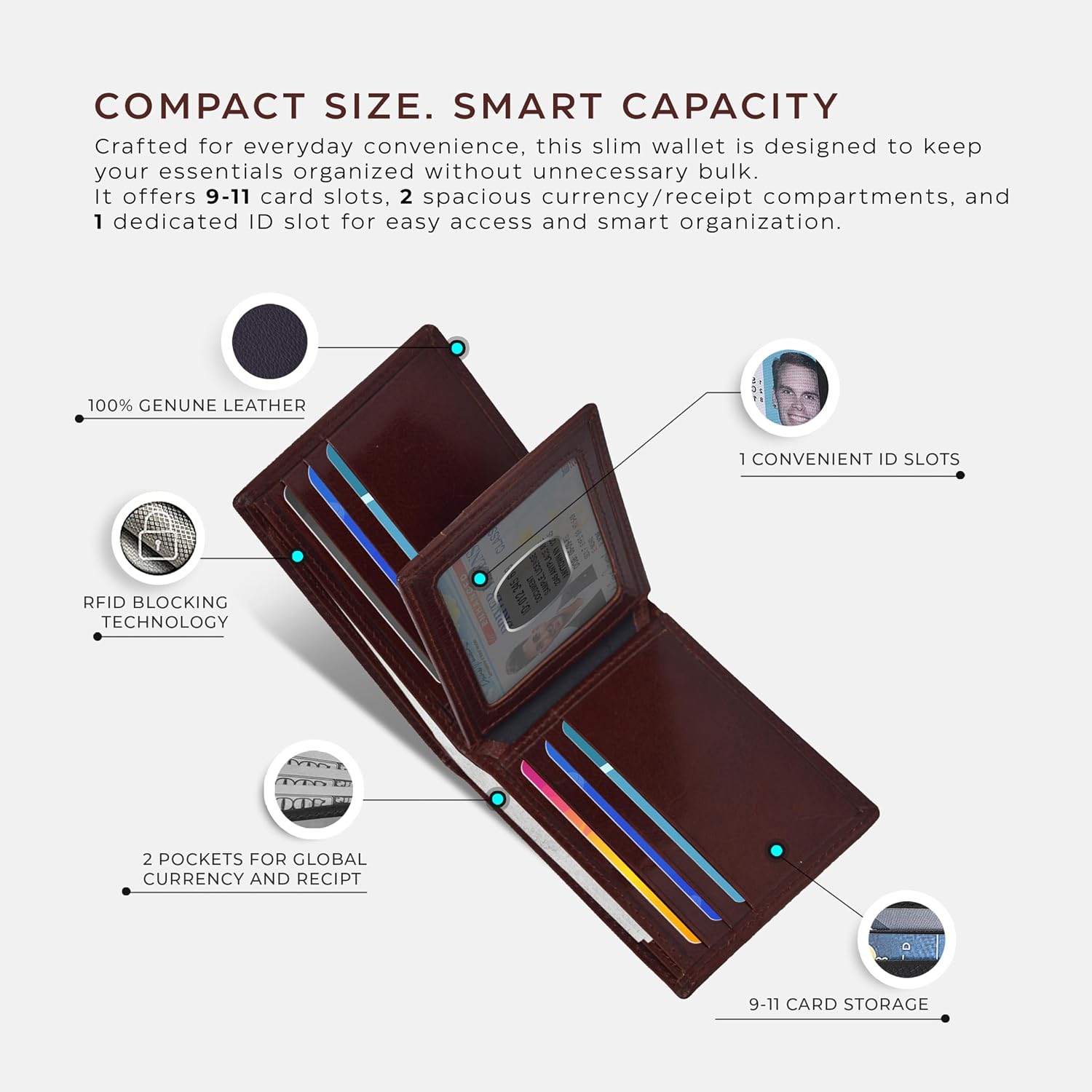 BILLETERA DE CUERO PARA HOMBRE OAK LEATHERS SLIM RFID BIFOLD COMPACTA GENUINA - 5