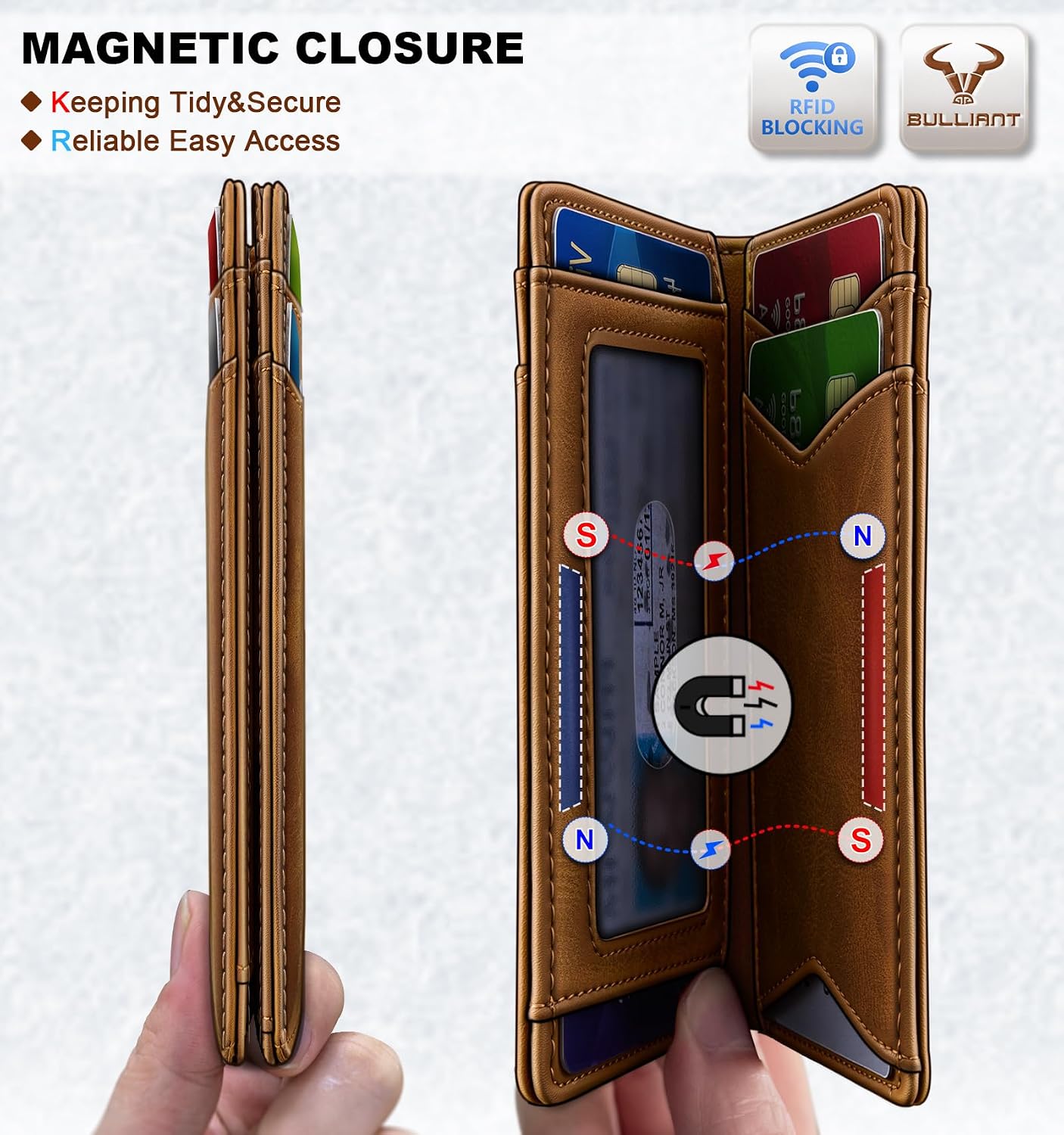 BILLETERA PARA HOMBRE BULLIANT SLIM DE CUERO CON CIERRE MAGNÉTICO Y BLOQUEO RFID PARA 11 TARJETAS - 3